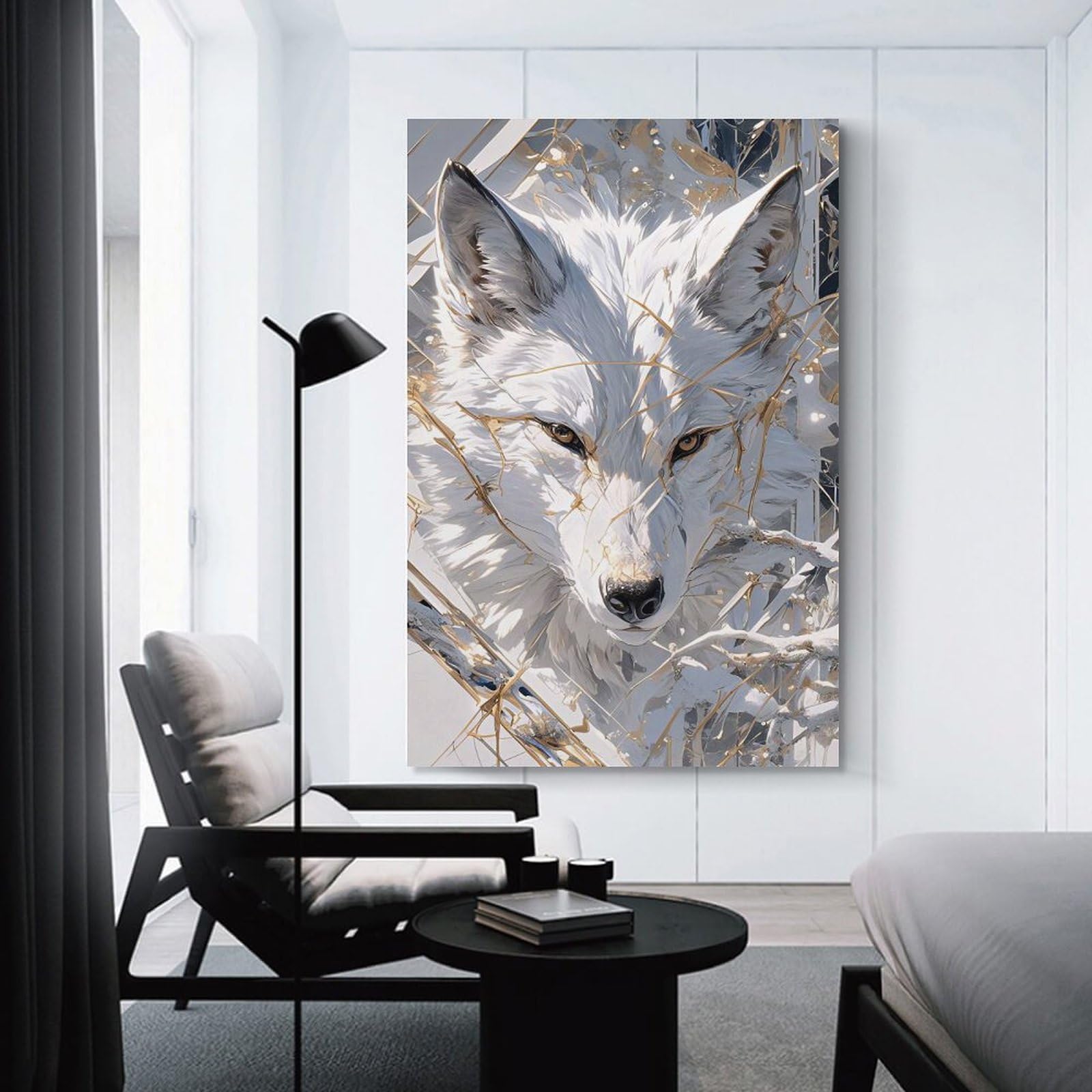 Junmoney White Wolf Portrait with Gold Accents Canvas Wall Decor, 24x36inch(60x90cm), for Office, Study Or Home Workspace, Wall Art That Adds Style to Work Areas