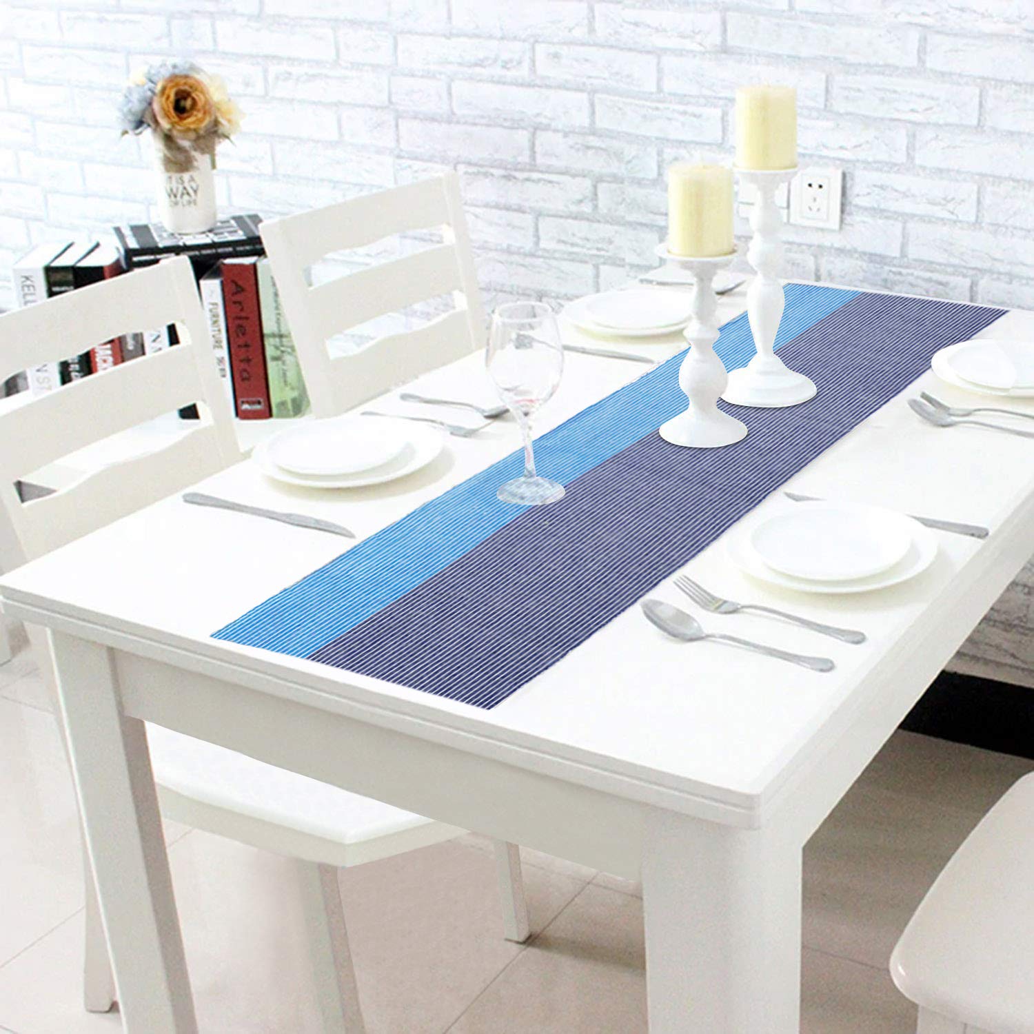 HOKIPO Blue Ribbed Placemats & Table Runner -14