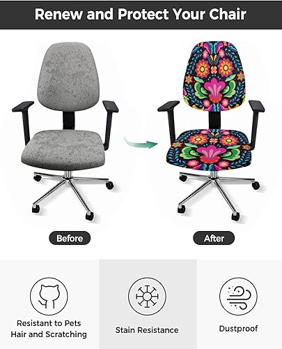 Miniatura 2 de Funda para silla de oficina con patrón floral colorido mexicano, funda elástica para asiento de silla de computadora, fundas para respaldo, arte