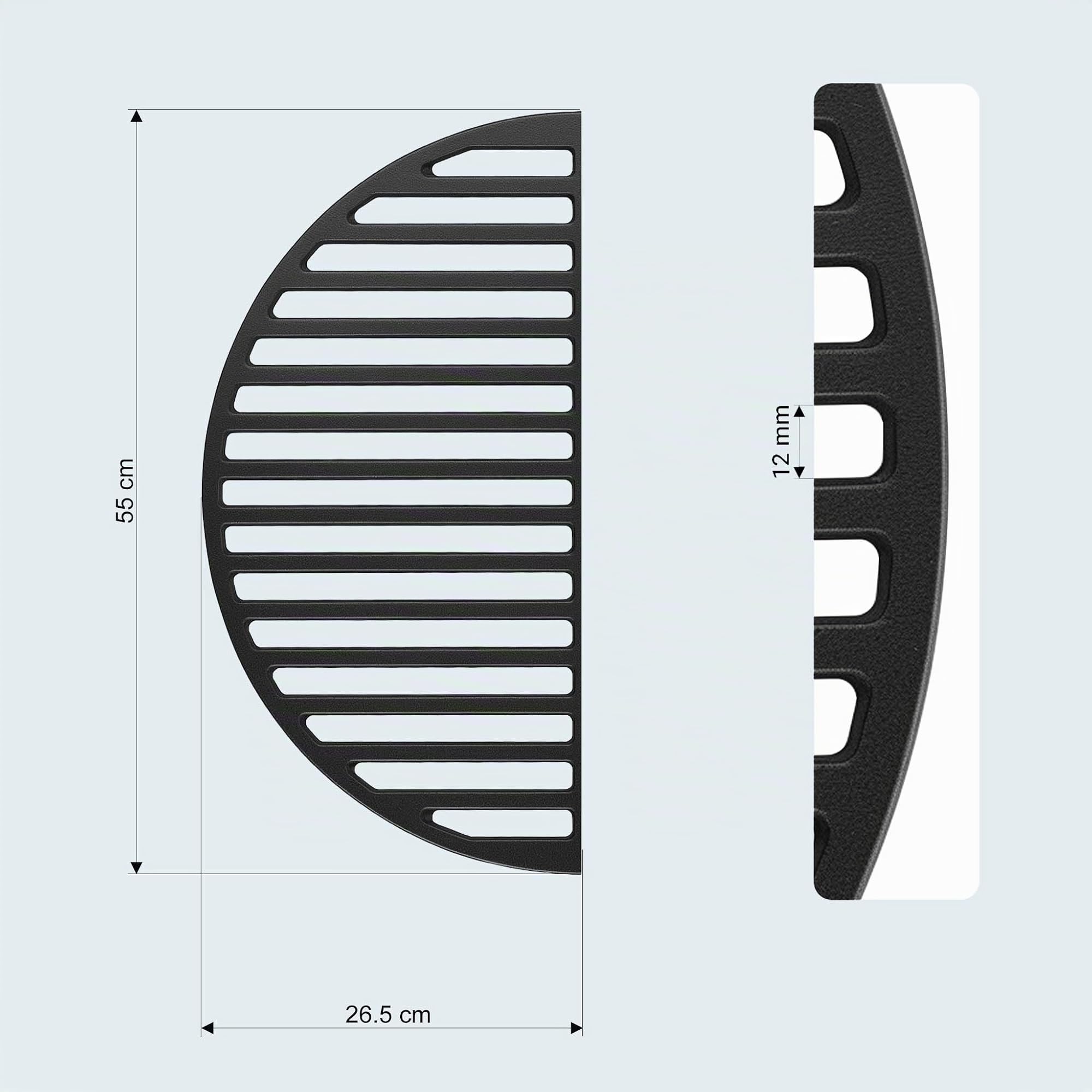 Wiltec Set 1x parrilla y 1x plancha semicirculares de hierro fundido 55 x 26,5 x 0,9 cm para barbacoa, barbecue, BBQ, para carnes, pescados y verduras, fácil de limpiar