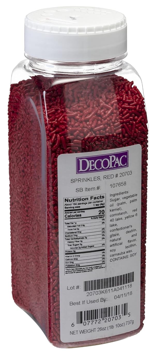 DecoPac Red Sprinkles | Extra Large 26oz Pack | Cake Sprinkle Mix, Fancy Sprinkles For Cake Decorating, Handheld Container, Candy Sprinkles, Cake Sprinkles - Red by DecoPac - Used condition - US$15.36
