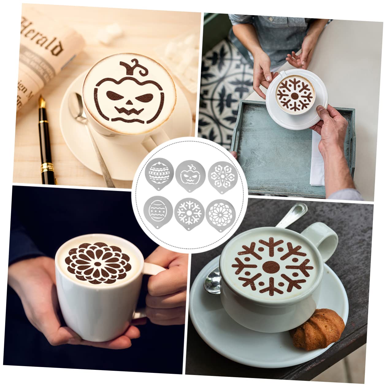 ABOOFAN 3 Juegos De 6 Plantillas De Flores Para Arte De Café Plantillas De Capuchino En Aerosol Modelo De Impresión De Acero Inoxidable