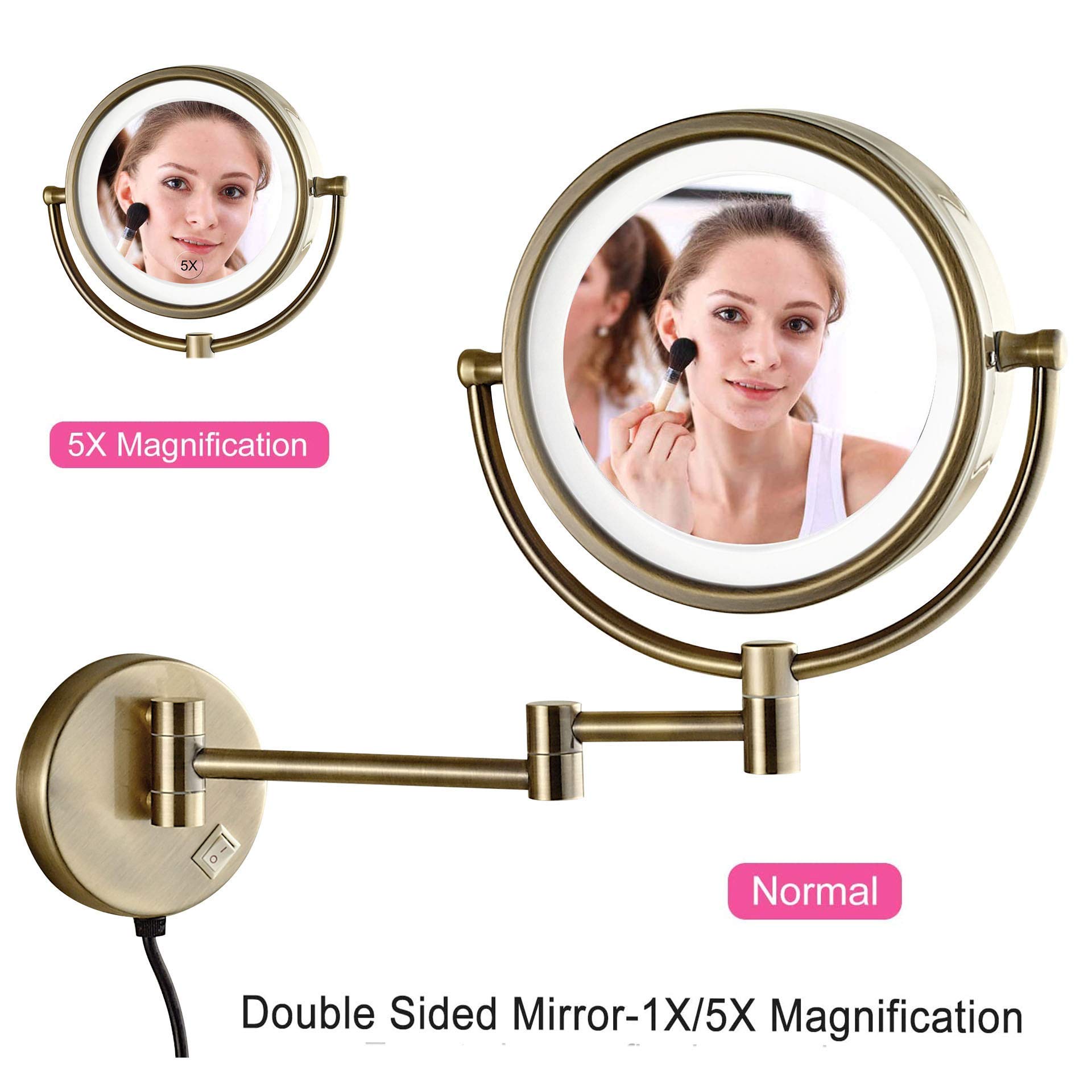 Specchio per Trucco a Parete con ingrandimento 5X, Specchio cosmetico da Bagno bifacciale Premium da 8,5 Pollici, Braccio Estensibile, con Rotazione