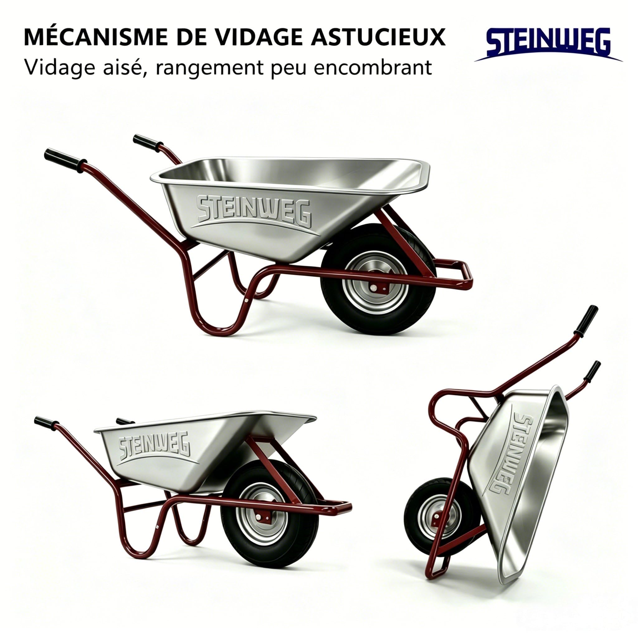STEINWEG - Brouette de chantier - 100 l - 250 kg - Pneus pneumatiques avec bac galvanisé - Construction robuste pour le jardin et les besoins de construction - Pneus pneumatiques avec jantes en acier