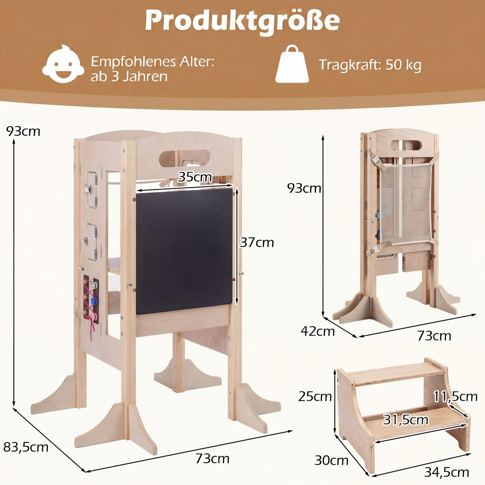 COSTWAY Składana wieża edukacyjna 3 w 1, taboret do schodków, 3-stopniowa