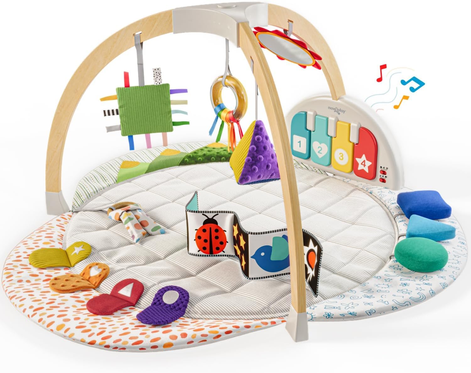 Move2Play, Palestra per bambini ispirata ai Montessori in legno, con pianoforte musicale, tappetino spesso e morbido, centro attività per la pancia, tappetino da gioco per neonati e neonati