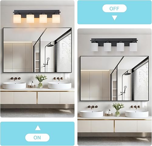 Miniatura 135 de 3 lámparas modernas de baño sobre el espejo, luces de tocador de oro negro para apliques de pared de baño con pantallas de vidrio blanco lechoso