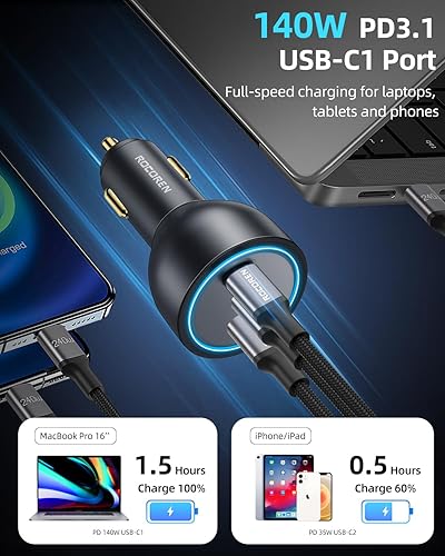 Miniatura 2 de Cargador de coche de 165 W para portátiles, PD3.1 140WPD3.0 100 W USB C cargador de coche, cargador USB de carga súper rápida con cable de 240 W