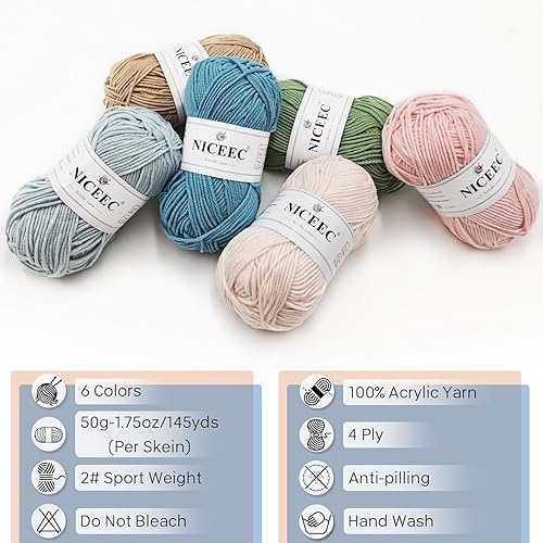 Miniatura 4 de NICEEC Hilo suave de colores surtidos de 6 x 1.76 onzas, hilo de bombones para tejido de ganchillo, hilo acrílico de 4 capas para iniciación de