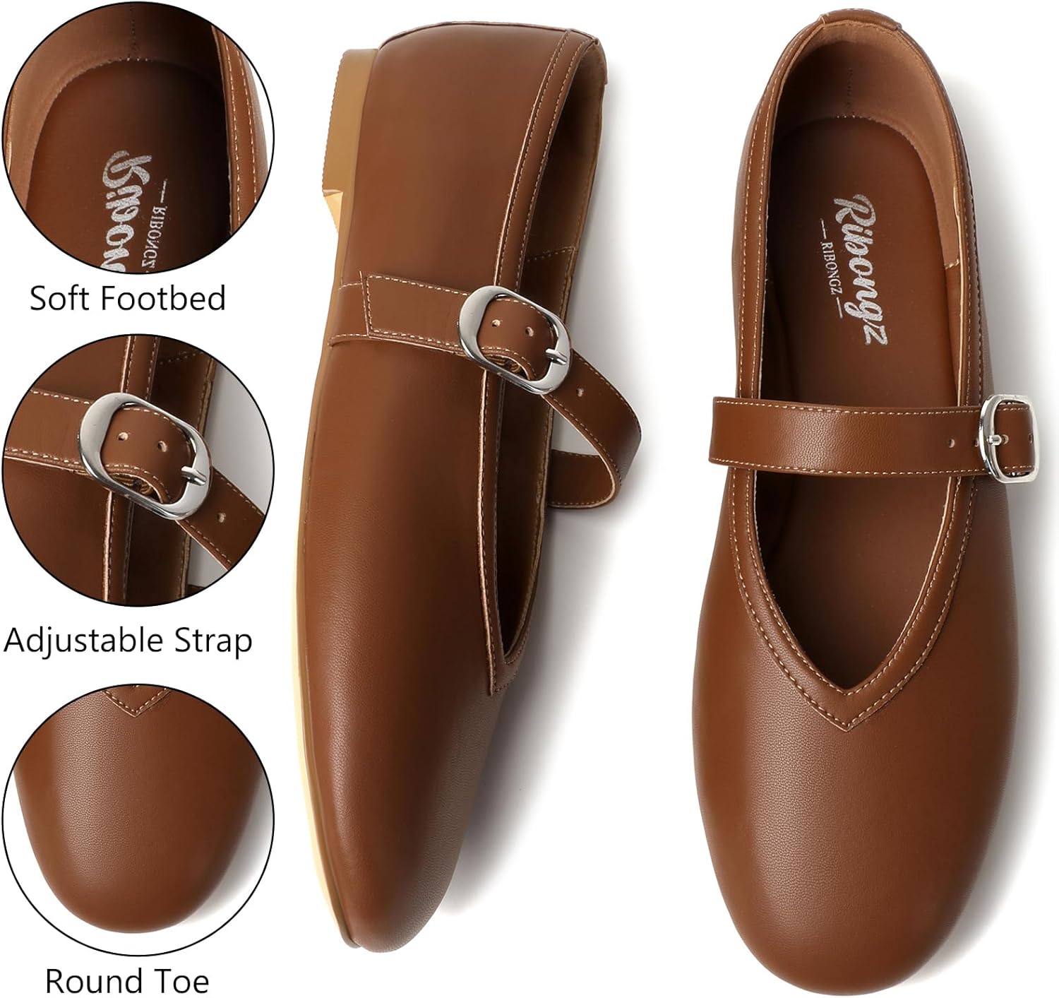 RIBONGZ Women's Flats Foldable Ballet Mary Jane Round Toe Dress Shoes with Ankle Strap Buckle Comfortable Slip On Leather Flat Girls Ballerina Shoes for Office Work Party Walking Casual - Image 4