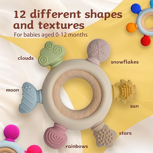 Miniatura 9 de Paquete de 3 anillos mordedores para bebés de 0 a 6 a 12 meses, juguetes de dentición con soporte para clip para chupete, juguetes masticables para