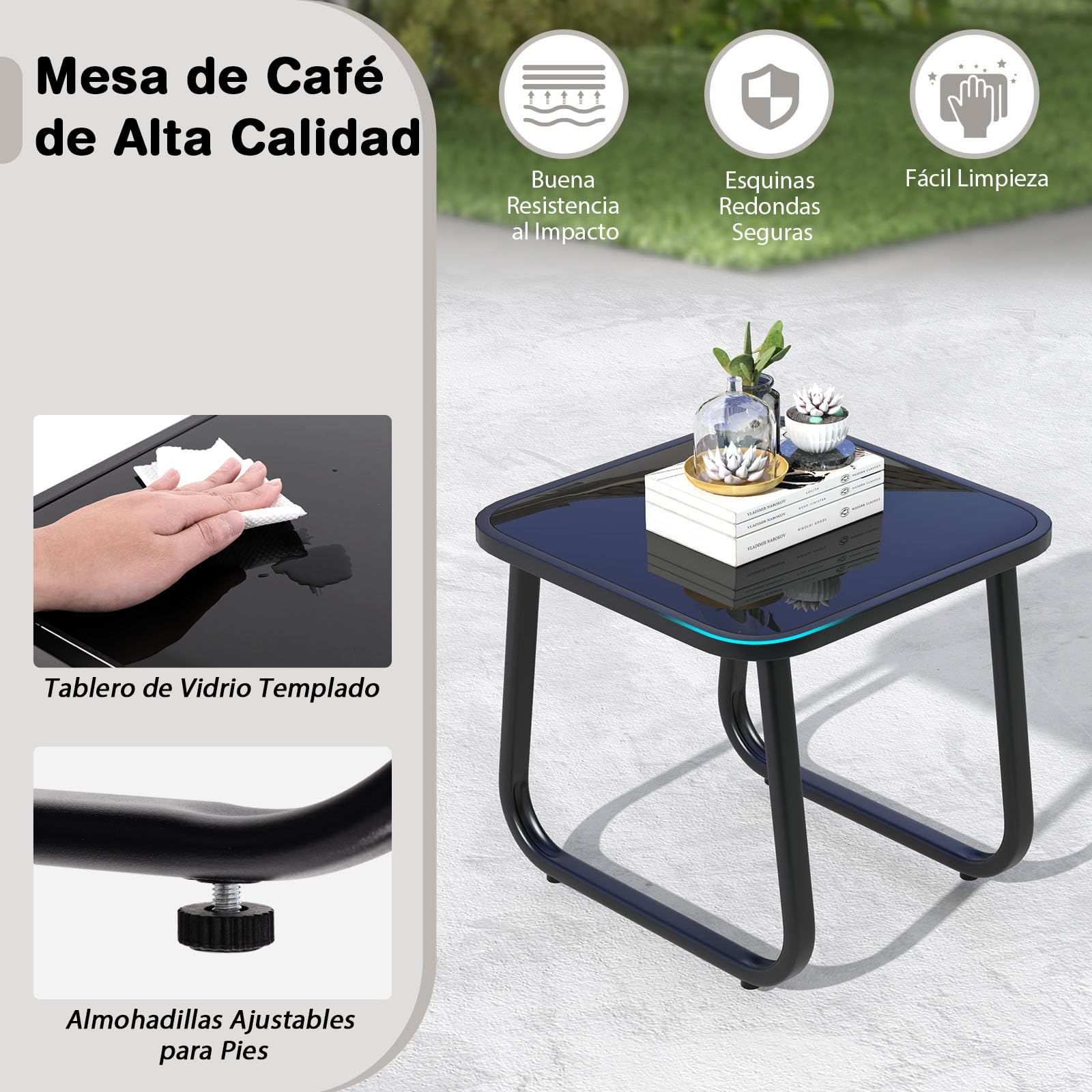 GIANTEX Juego de Bistró 3 Piezas, 2 Sillas Mecedoras de Tejido Transpirable, Mesa de Café con Tablero de Vidrio, Estructura de Metal, para 2 Personas, Conjunto de Muebles para Patio, Jardín (Negro)