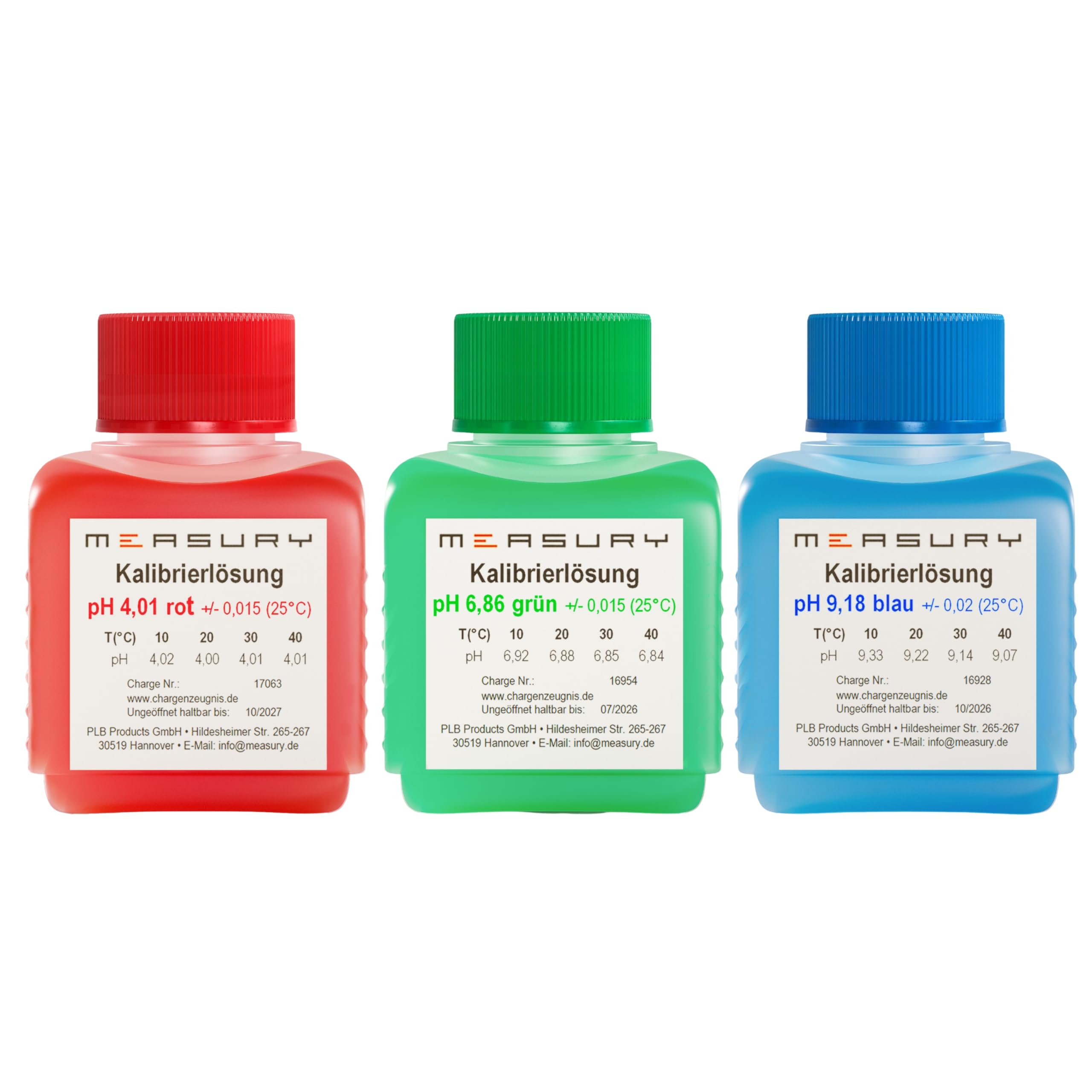 Measury Kit de solution d'étalonnage pH 4.00, 6.86 et 9.18 – Fabriqué en Allemagne, solution tampon pH 50 ml, solution d'étalonnage rouge/vert/bleu, liquide d'étalonnage