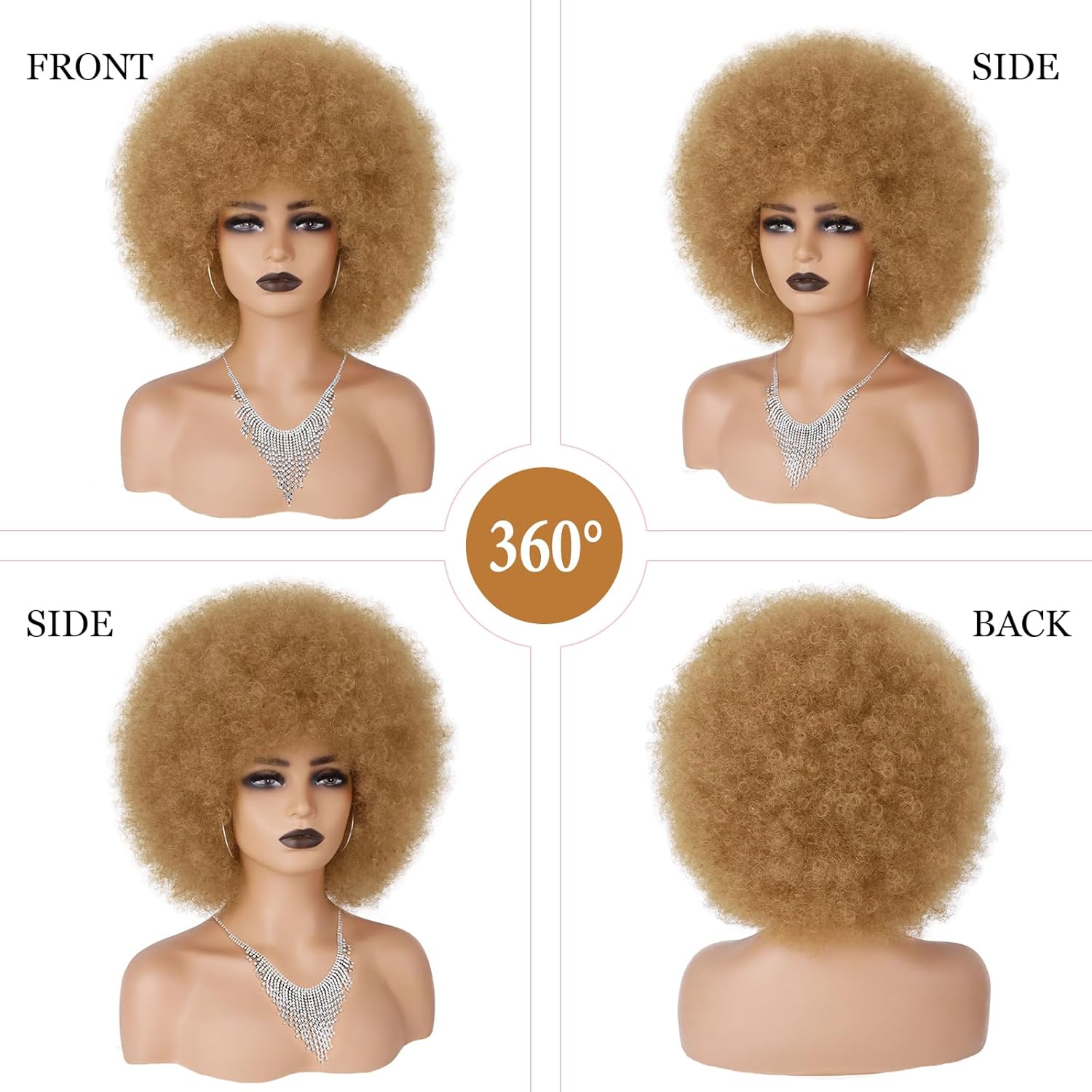 70s Afro Wig for Black Women Blonde Afro Kinky Curly Wig With Bangs Bouncy and Fluffy Heat Synthetic Short Afro Puff Wigs for Daily Party Costume Cosplay Halloween（Blonde,10inch） - Image 3