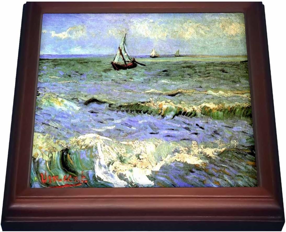 3dRose Framed Van Gogh Seashore Painting Trivet with Ceramic Tile, 8 by 8", Brown
