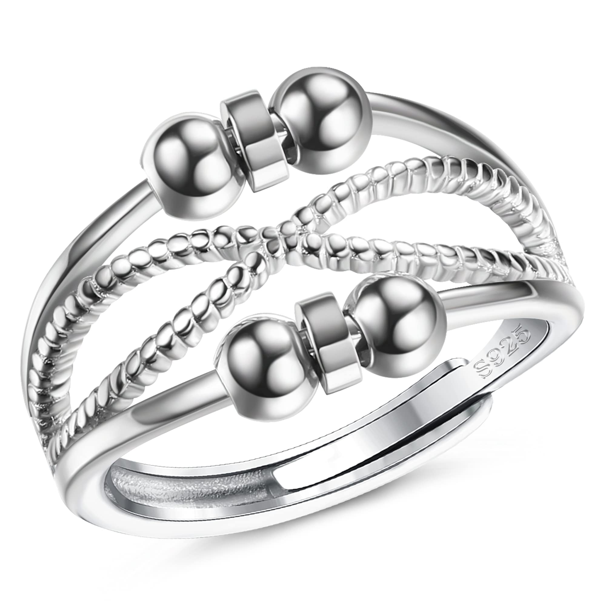 SAILIMUE 925 Sterling Silver Anxiety Ring For Women Men Fidget Rings For Anxiety Spinning Bead Adjustable Stacking Spinner Band Ring