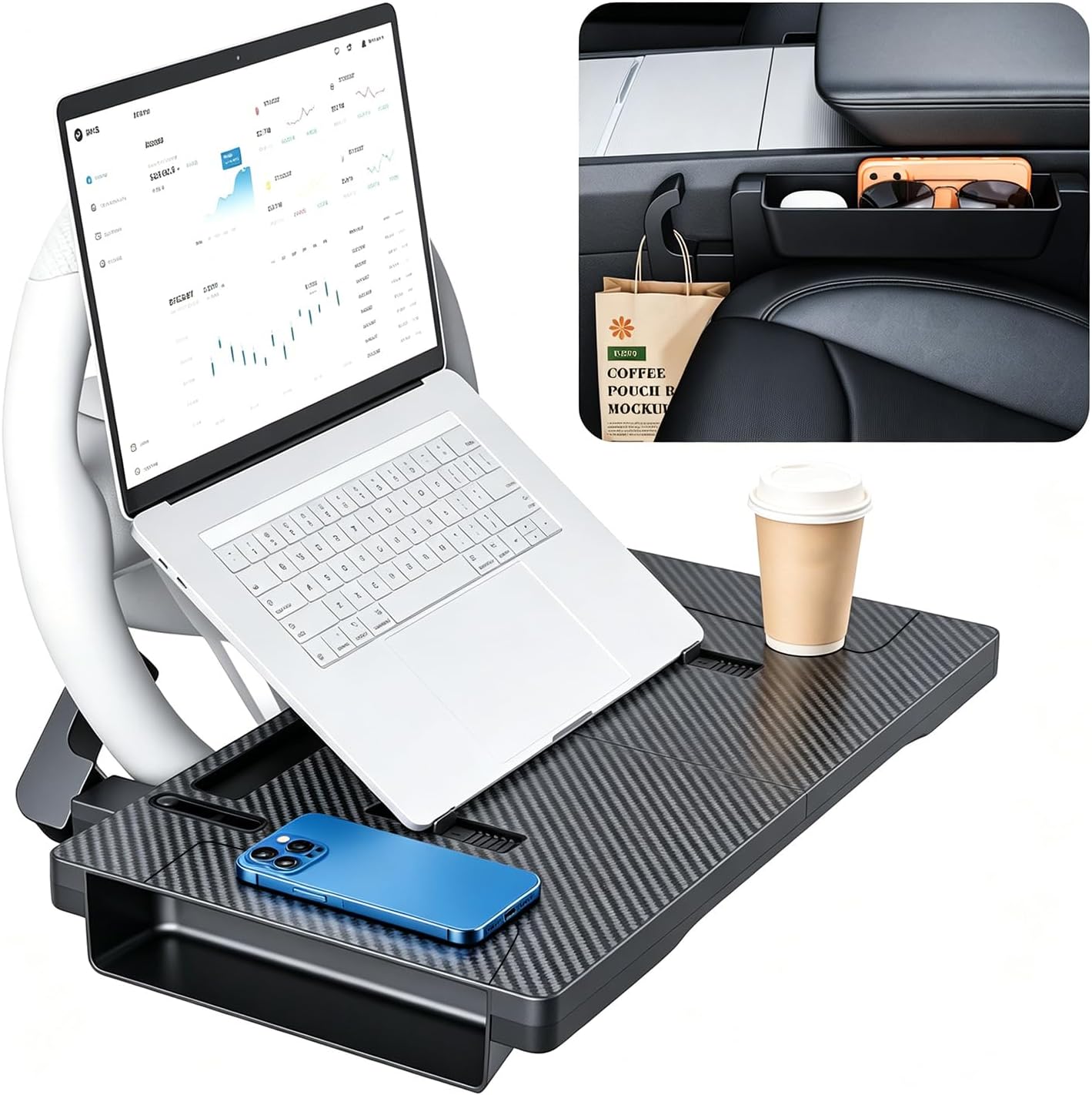 2-in-1 Car Steering Wheel Desk Tray Seat Gap Filler Organizer, Foldable Carbon Fiber Laptop Table for Eating, Writing, Fits Standard Round Steering Wheel, Tesla Y 3,Sedan, SUV, MPV, NOT for RV, Truck