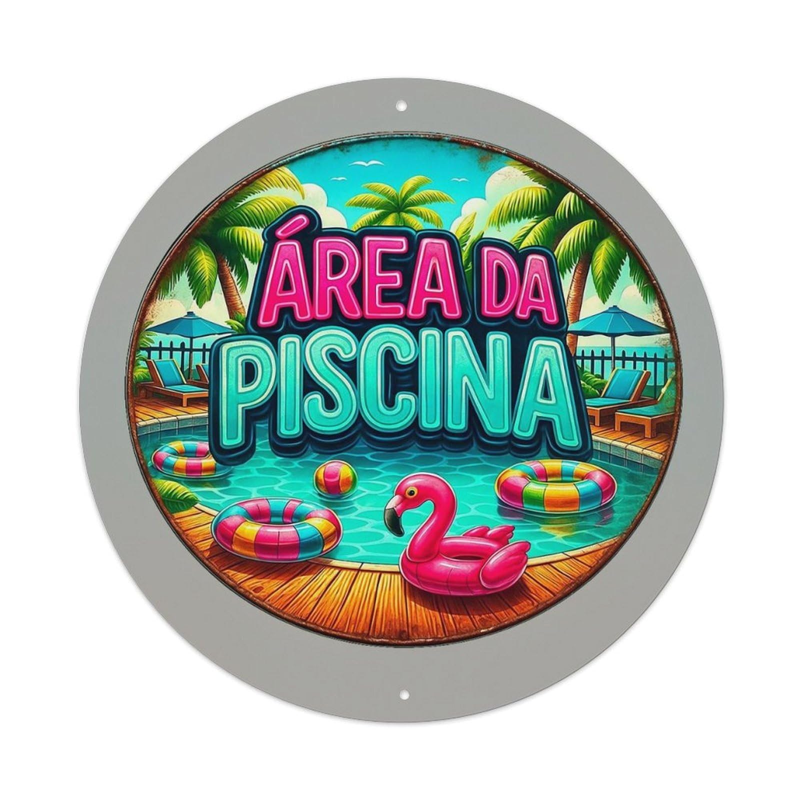 Tropical Pool Scene With Flamingo Floats Vintage Round Tin Sign Retro Metal Wall Decor Metal Poster, Home Bar Garage Cafe Wall Art Decoration 8x8Inches