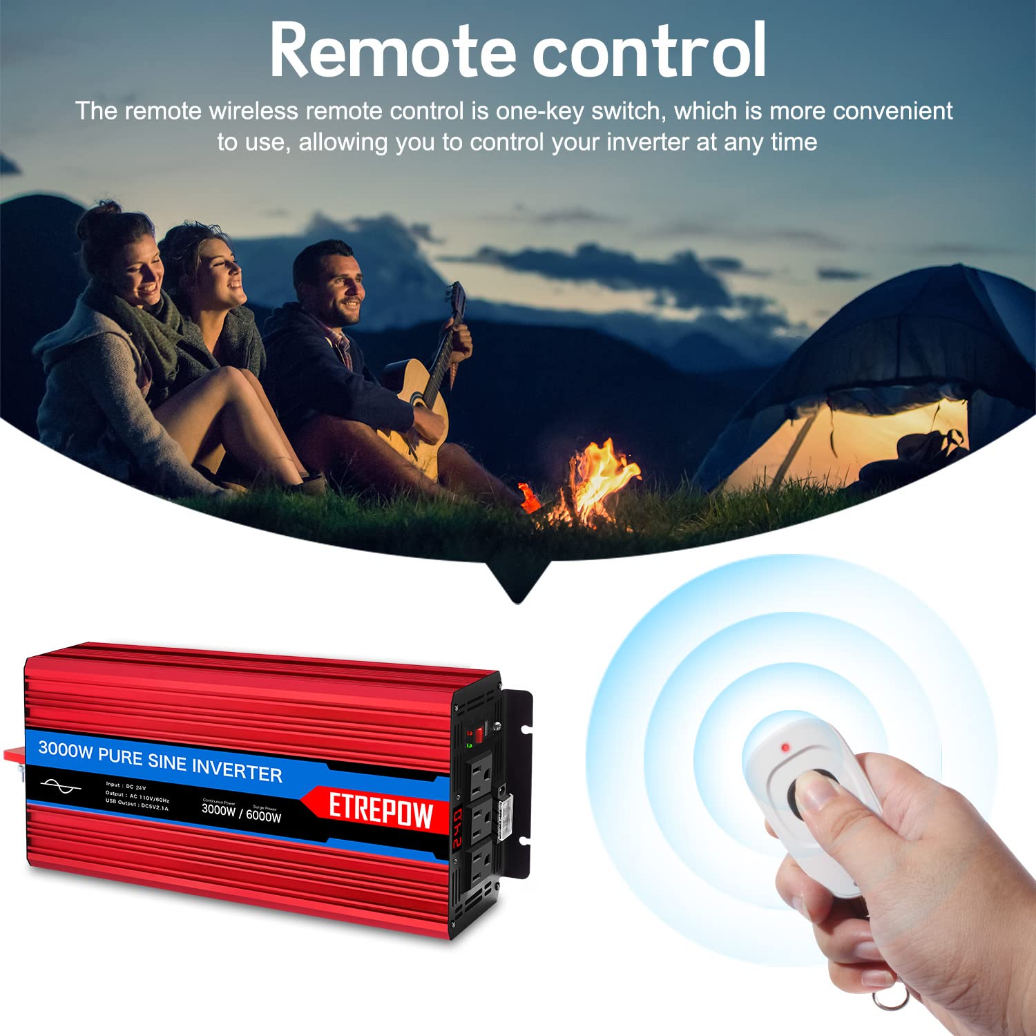 Inversor 24V 220v Onda Pura 3000W /6000W Convertidor de Voltaje con 2 Tomas UE y un USB de 2,1A, Mando a Distancia Inalámbrico
