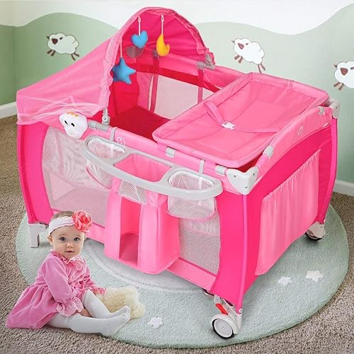Miniatura 9 de Costzon 4 en 1 rosa Pack and Play con moisés, corralito portátil para bebé con toldo ajustable, entrada con cremallera lateral, caja de música,
