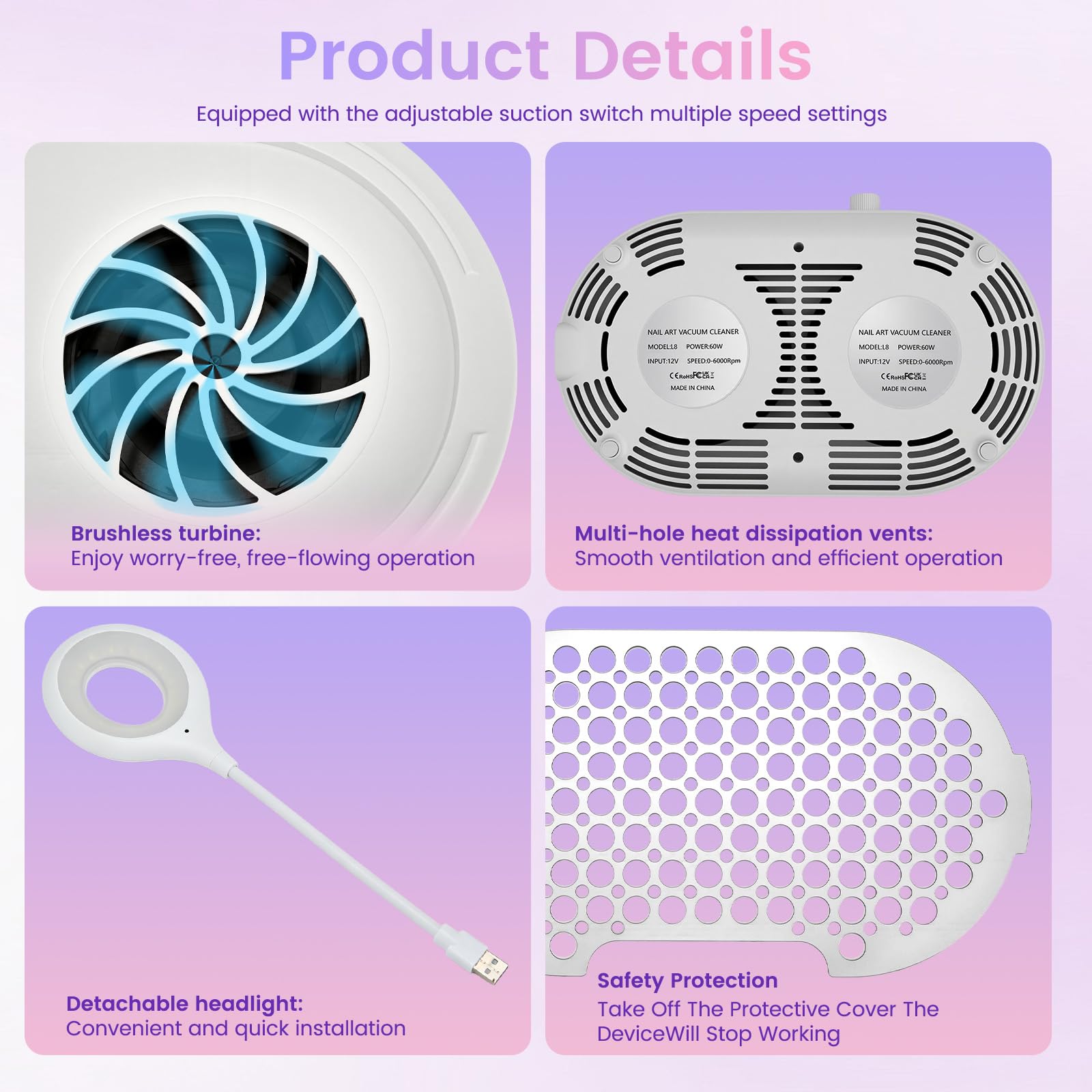 Aspiradora De Uñas Con Luces Led,45000 Rpm,Filtro Reutilizable,10 Niveles De Succión,2 Motores Turbo Silenciosos,Extractor De Polvo Para Uñas Para Manicuras En El Salón Y En Casa | Con filtro reutilizable, aspiradora de uñas para manicura en el salón y en
