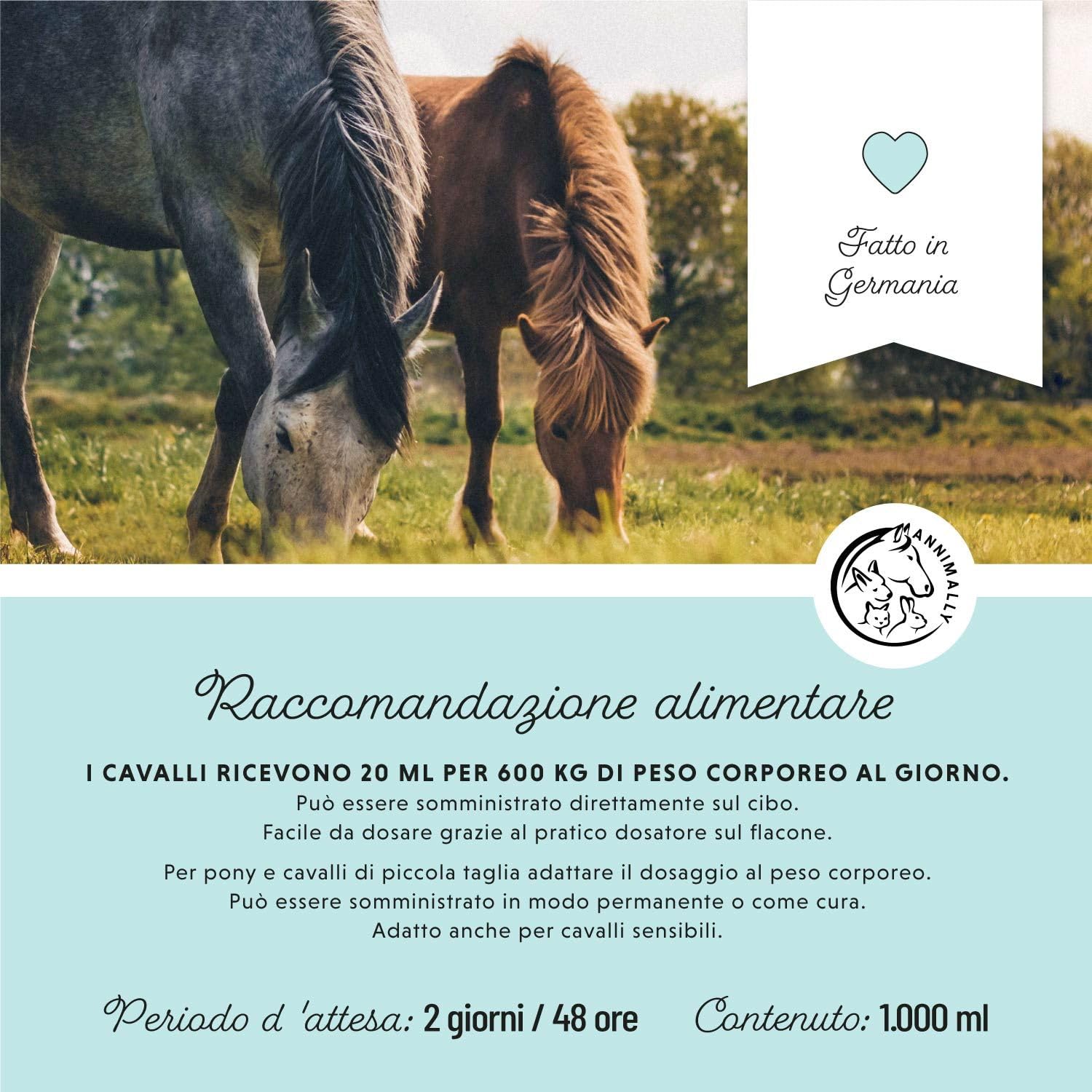 Annimally Sciroppo tosse secca Adulti per Cavalli 1000ml - Sciroppo bronchiale per Cavalli - Contro la tosse e per calmare Le Vie respiratorie - Sciroppo per la Gola - Integratori per Cavalli