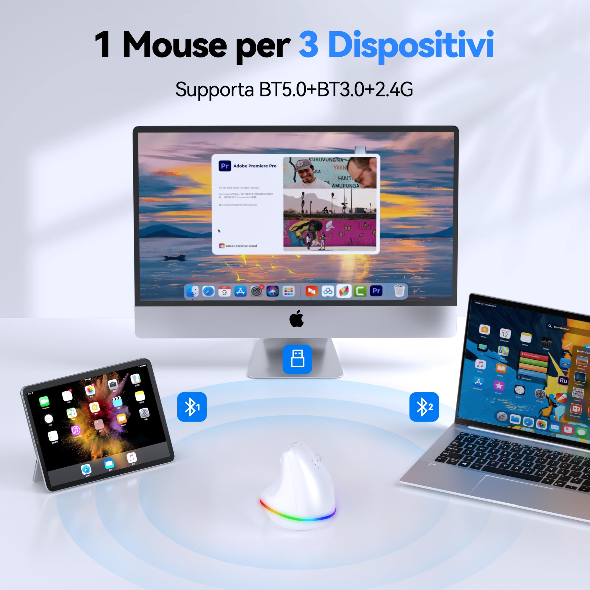TECKNET Mouse Ergonomico Wireless, Mouse Verticale Ricaricabile, Mouse Bluetooth+ 2,4 GHz, Mouse Wireless Silenzioso, 4800 DPI Regolabili, 6 Pulsanti, RGB Chroma, Compatibile con PC/Windows/Mac