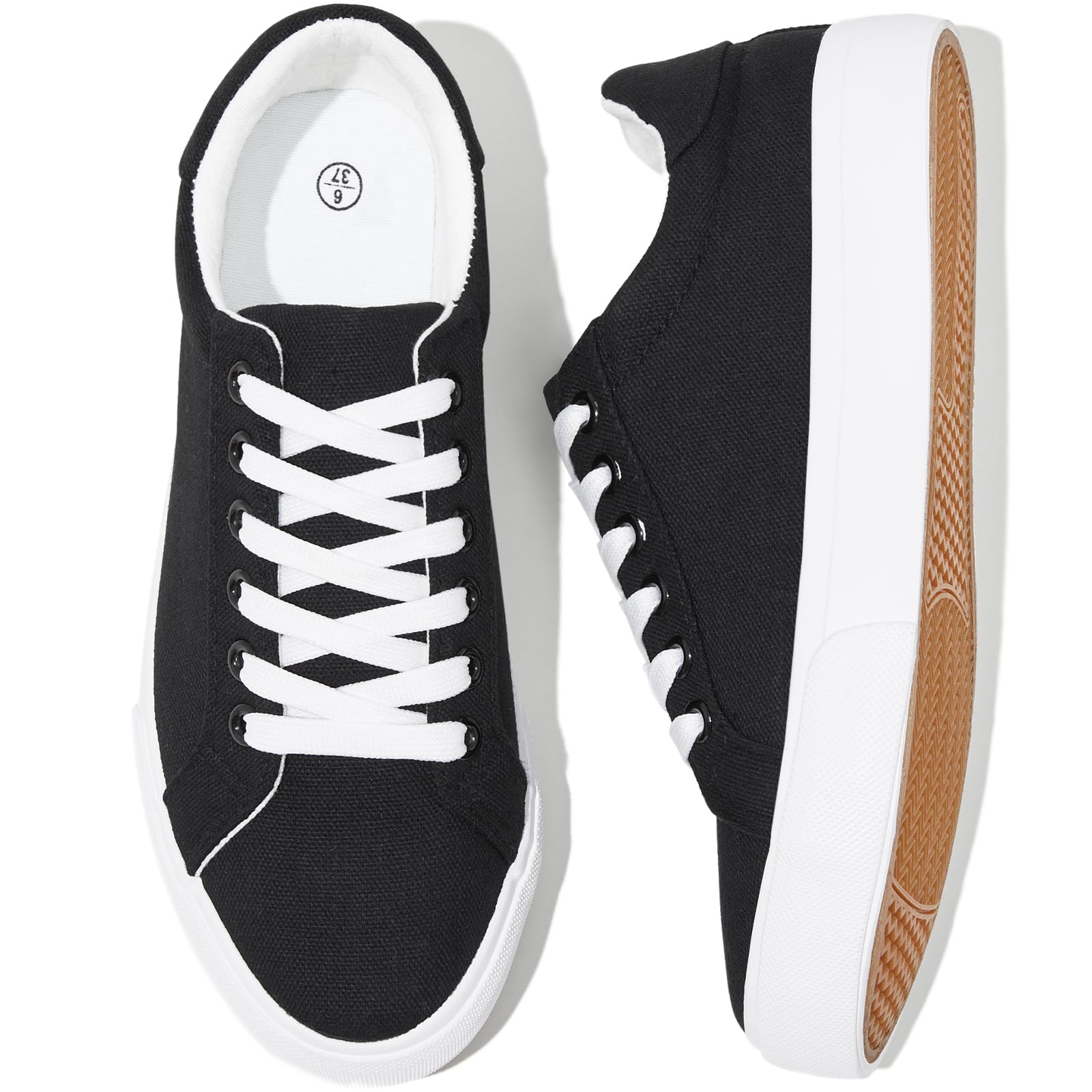 Rominz Women's White Canvas Sneakers Black Casual Non Slip Shoes Lightweight Comfortable Walking Shoes for Women