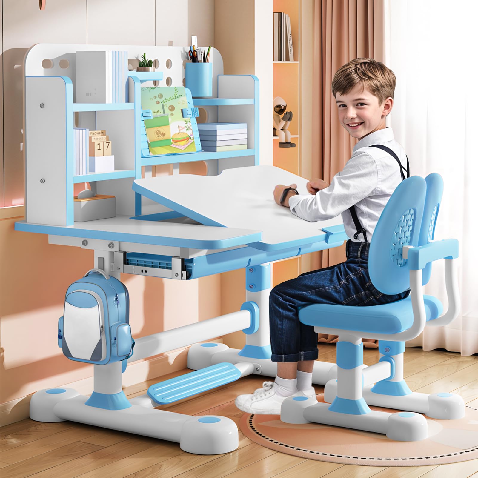 Kinderschreibtisch- und Stuhlset, höhenverstellbares Schreibtisch- und Stuhlset für Kinder mit Bücherregal und Ablageschublade, 50-Grad-neigbarer Schreibtisch mit Stuhl (Blau)