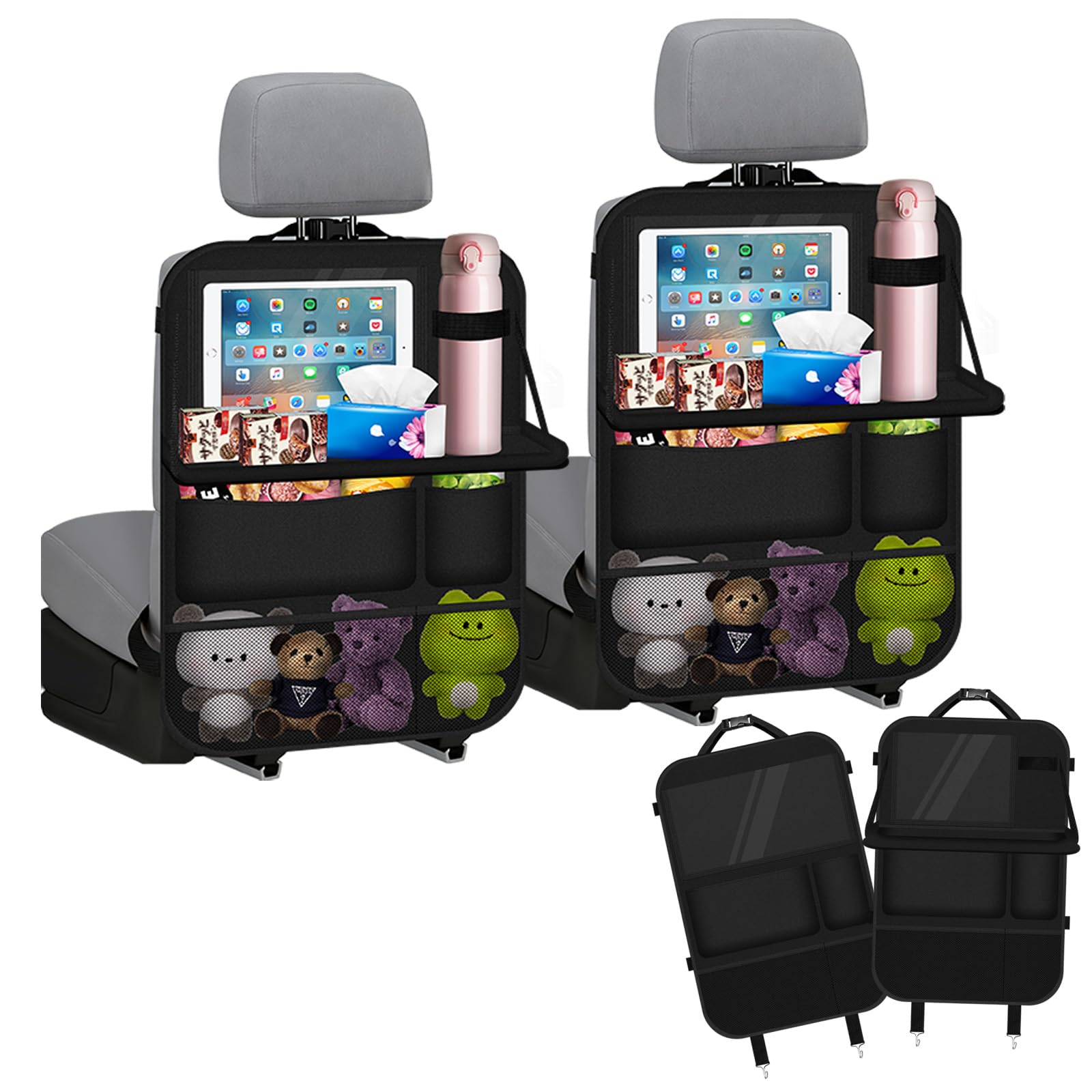 2 Piezas Organizador Coche, Organizador Asiento Coche Niños, Protector Asiento Coche con Mesa Plegable, Impermeable, Alfombrillas para Patadas para Juguetes, Bocadillos