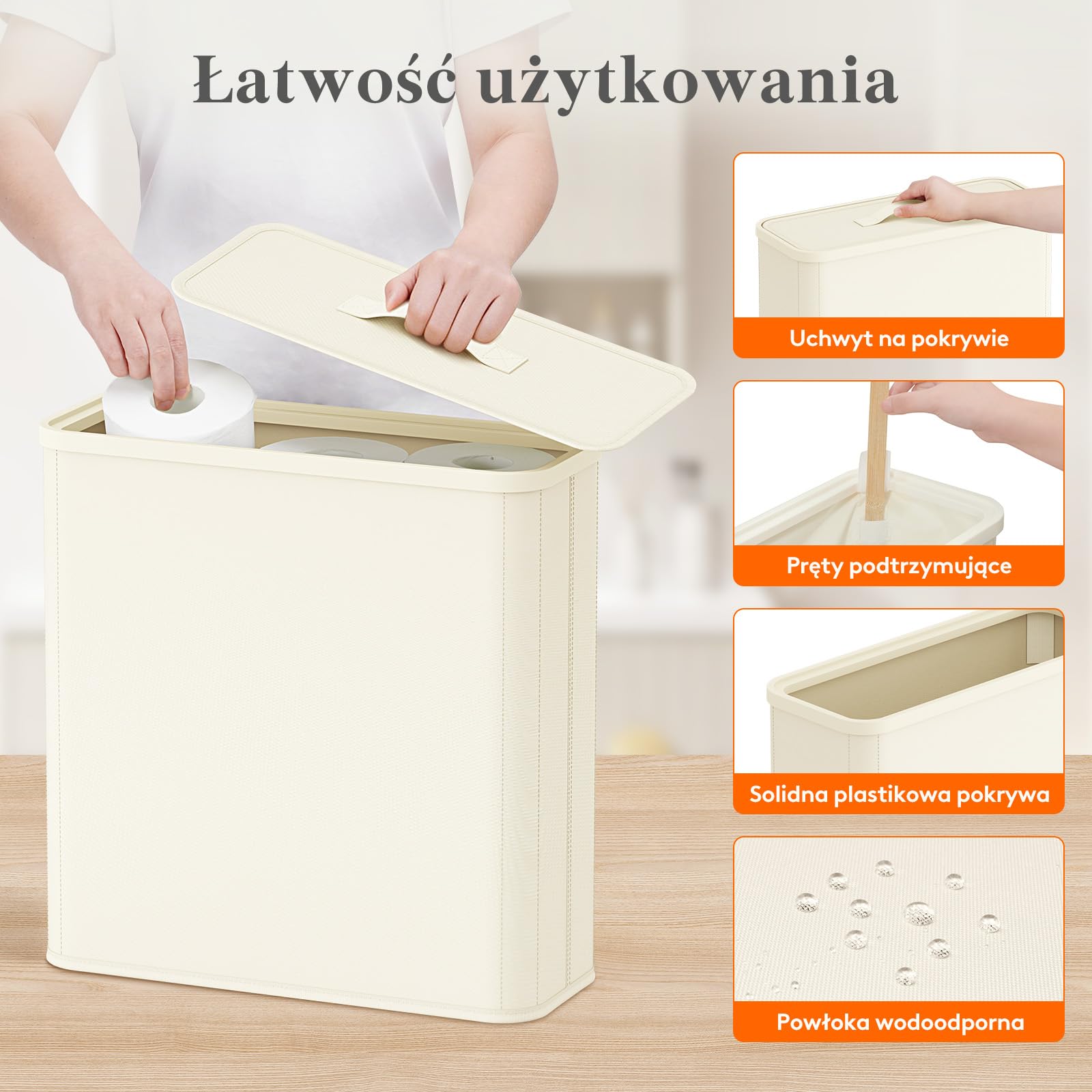 Lifewit Pojemnik na Papier Toaletowy z Pokrywą, Kosz do Przechowywania Papieru Toaletowego, Organizer Łazienkowy z Tkaniny na Rolki i Ręczniki, Akcesoria do Toalety, 30L, Biały