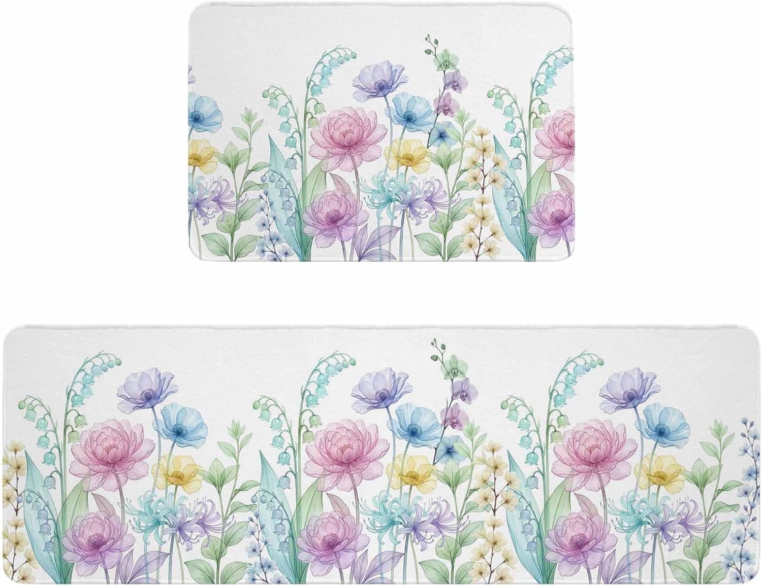 Colorful Spring Floral Kitchen Rugs and Mats Set of 2, Non-Slip Kitchen Sink Mat, Farmhouse Flowers Modern Botanical Art Washable Doormat Bathroom Rugs Runner for Bedroom 17.7"x30"+17.7"x59"