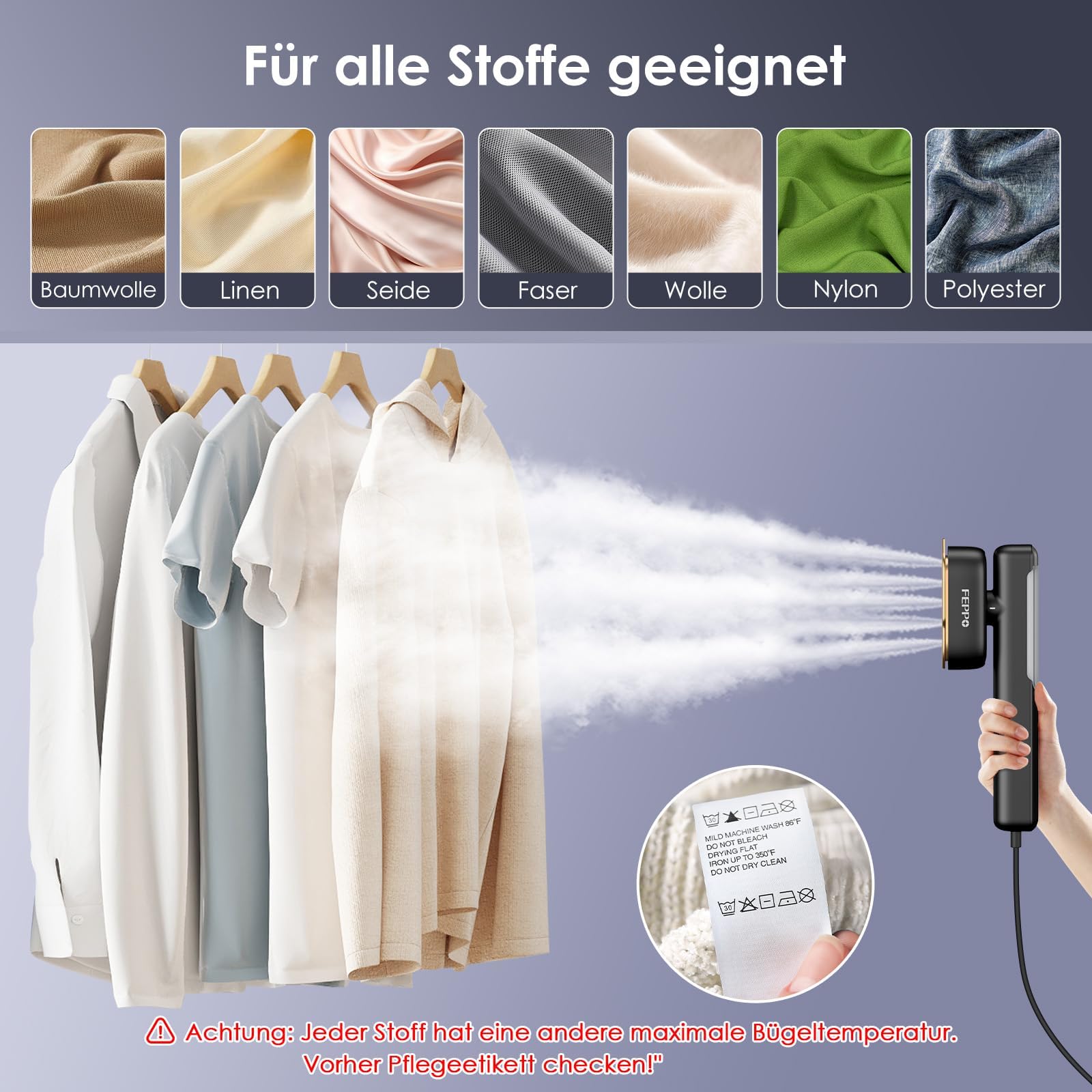 FEPPO Steamer Dampfglätter, 110-240V Dual Voltage Reise Dampfglätter, 2 in1 Tragbarer Handheld Steamer &Dampfbügeleisen, 15s Schnellaufheizung, 1100W Dampfbürste für Globale Reise &Urlaub