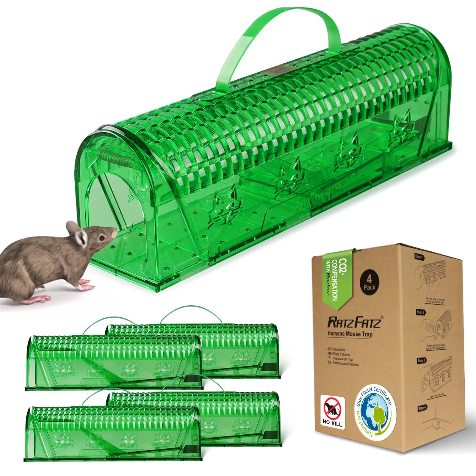 RatzFatz Premium Mausefalle Lebend Inkl Kder Station - Lebendfalle Muse  Wiederverwendbar Draussen, Innen, Kleintiere, No Touch, Haustiersicher,  Grn, 4 Stck : Amazon.de: Garten