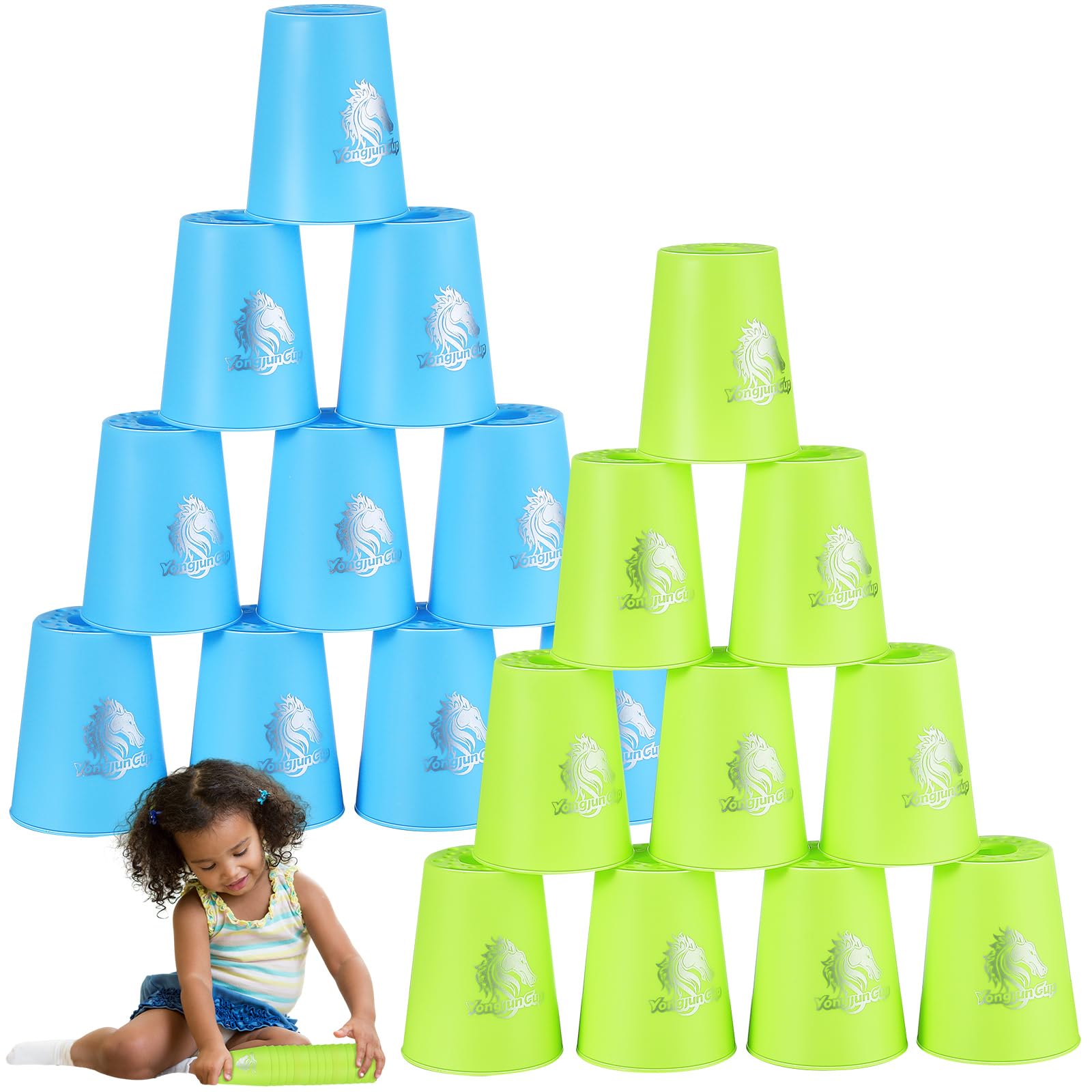 24 Pcs Kid Quick Stacking Cups Set Mini Speed Training Game Fun Stacking Cup Fast Paced Game Sports Stacking Cups for Boys and Girls Family Party Challenge Competition Gift (Blue,Green)