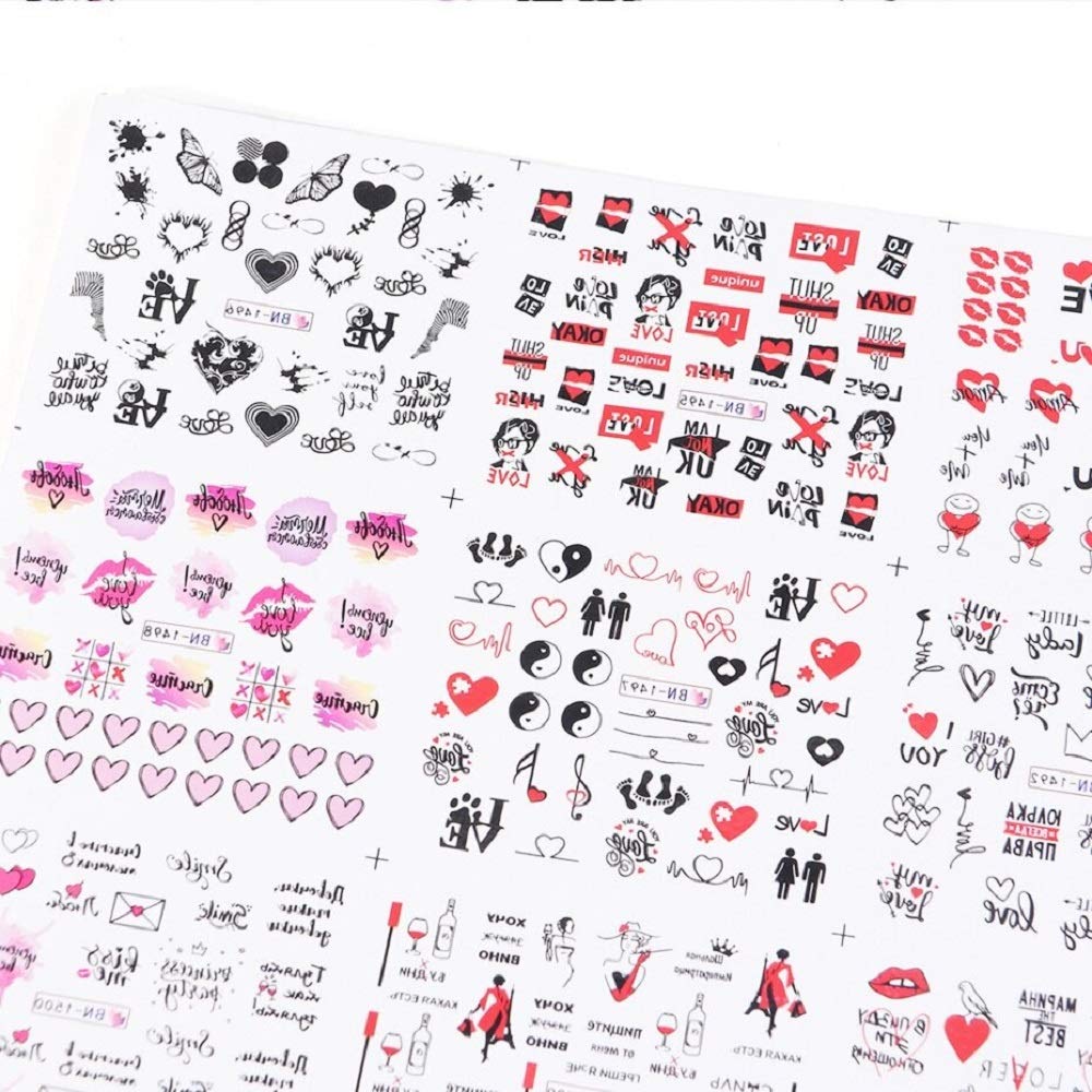 12 diseños de calcomanías de Agua, Letras Negras, Pegatinas de Transferencia para uñas, Deslizador de lámina de corazón de Amor, Arte de uñas DIY, Puntas Decorativas