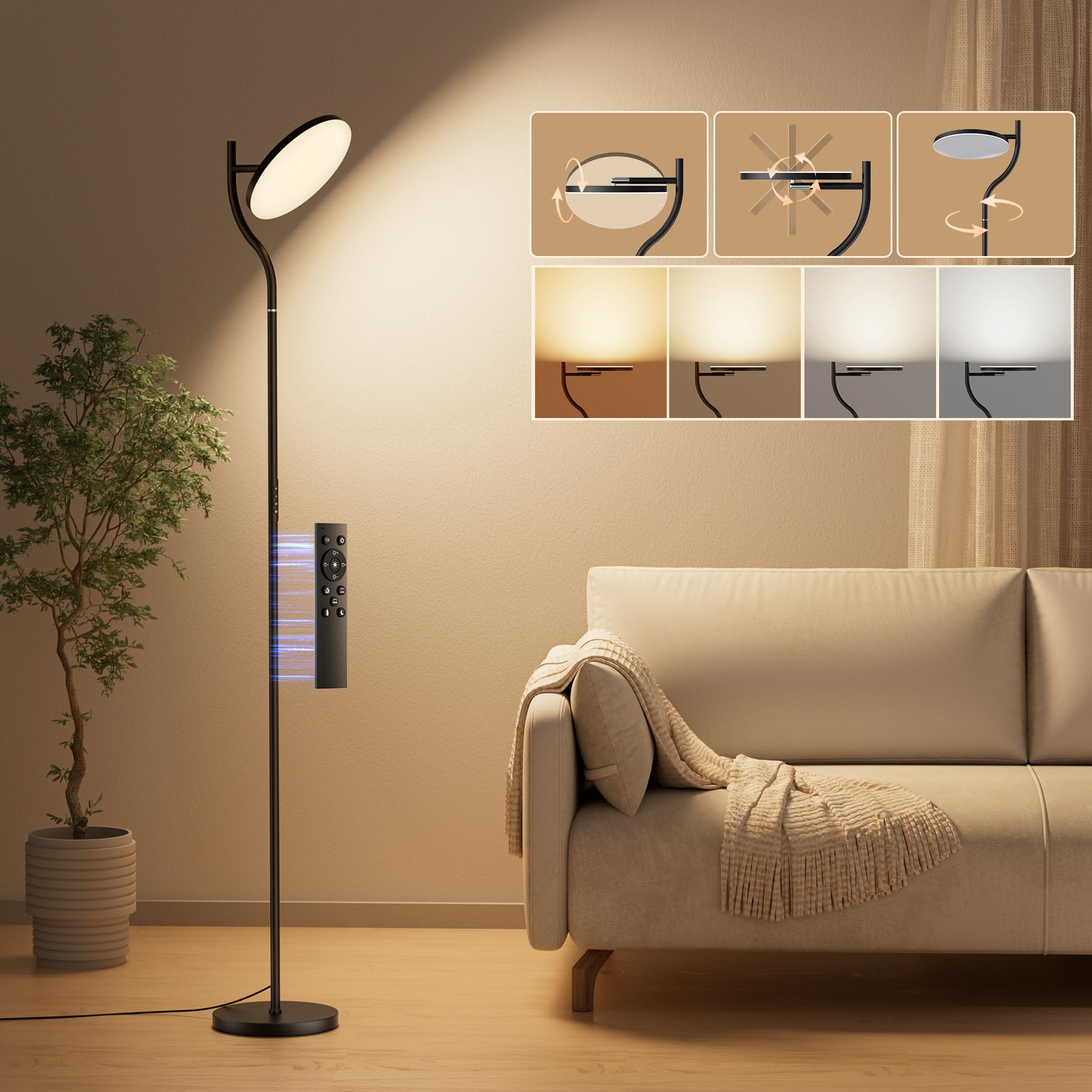 Bonsery Stehlampe Wohnzimmer Stufenlos Dimmbar, 36W Deckenfluter mit 2700K-6500K, Floor Lamp mit Fernbedienung & Touch Steuerung, 350°Drehbare Stehleuchte Modern mit Timer für Schlafzimmer Büro Lesen