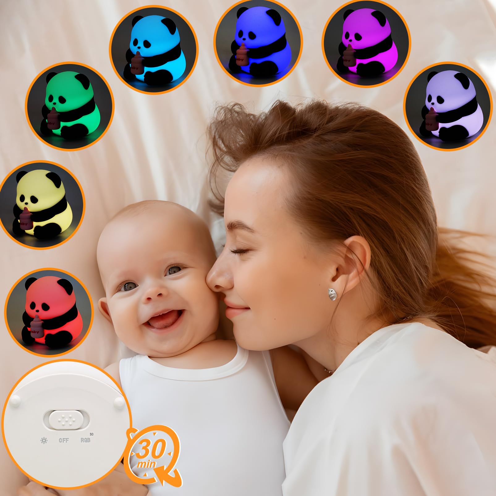 Luce Notturna Bambini, Panda Luci Notturna Ricaricabile con Timer, 7 Colori Lampada Notturna per Bambini , Silicone Lampada da Tavolo Bambini Touch,Luce Notturna Neonato, Regalo Neonato Bambini
