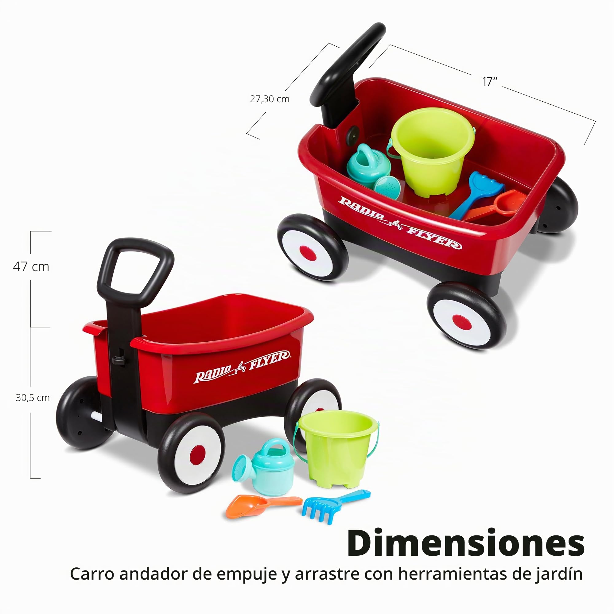 Radio Flyer vagón para Caminar para Empujar y Estirar con Herramientas de jardín, vagón Rojo 2 en 1 para niños pequeños. para niños de 1 a 4 años