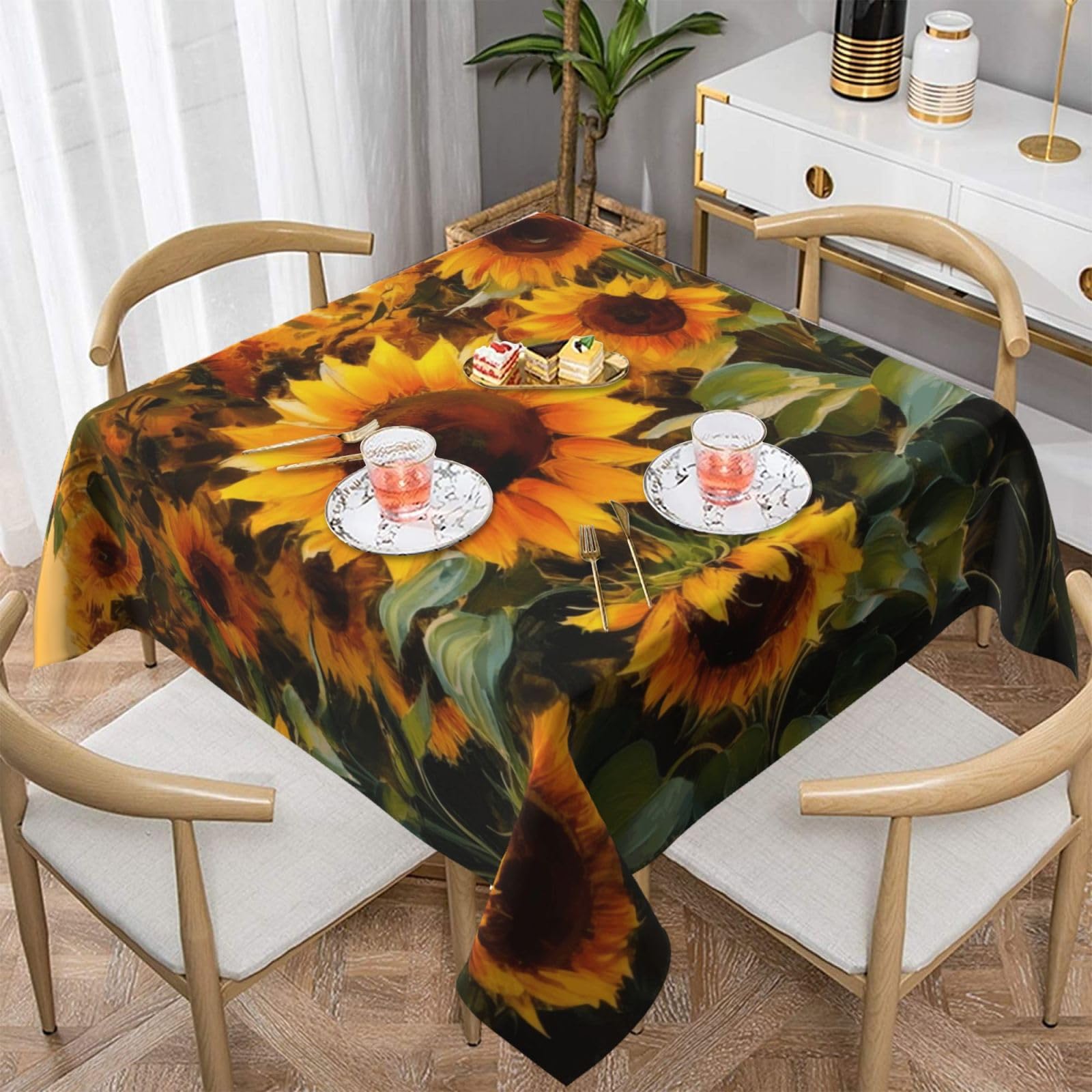 WPKJU Outdoor Sunflowers Printed Square Tablecloth 60x60 inch Water Resistant Table Cover Washable Rectangle Table Cloth for Dining Tables