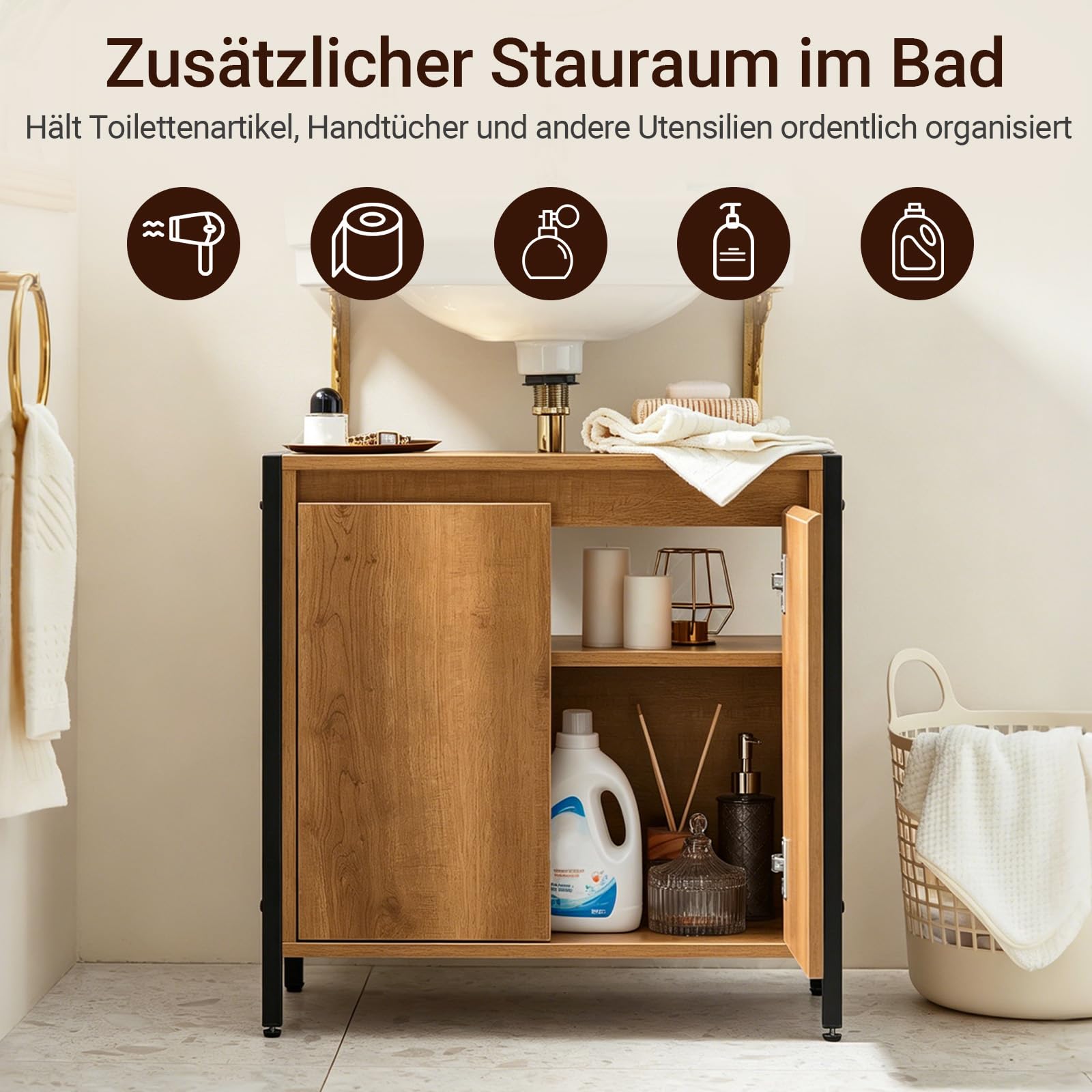 SoBuy Waschbeckenunterschrank Schrank Badmöbel Badezimmer Unterschrank Holz mit 2 Türen und Regal, waschtischunterschrank schmal stehend Badunterschrank für kleine Bäder WC 60x60x30 cm BZR63-PF