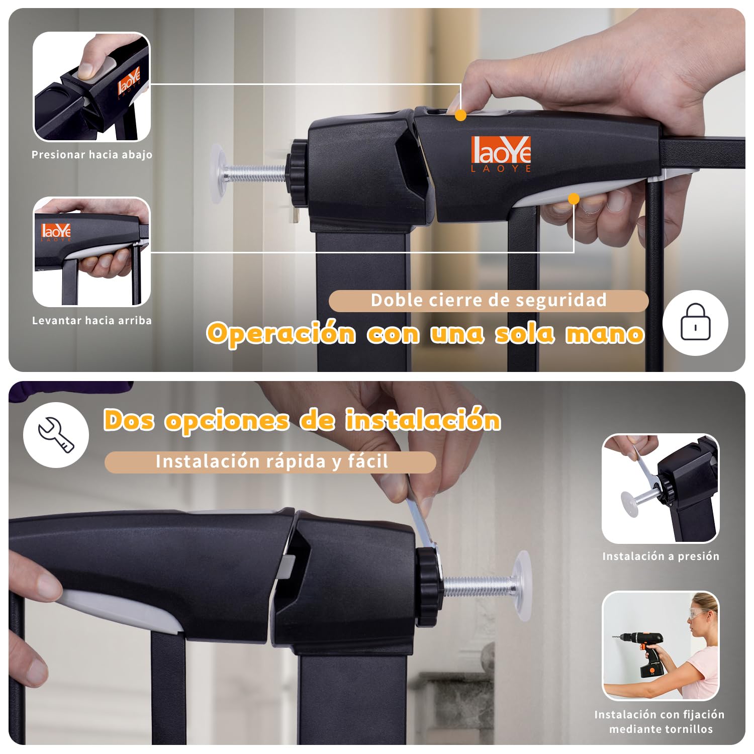 LAOYE Puerta de seguridad de 92cm altura sin taladrar, barrera para puertas 75–124cm con 3 extensiones, barrera para bebés y mascotas con cierre automático parada a 90°, para niños, perros gatos–Negro