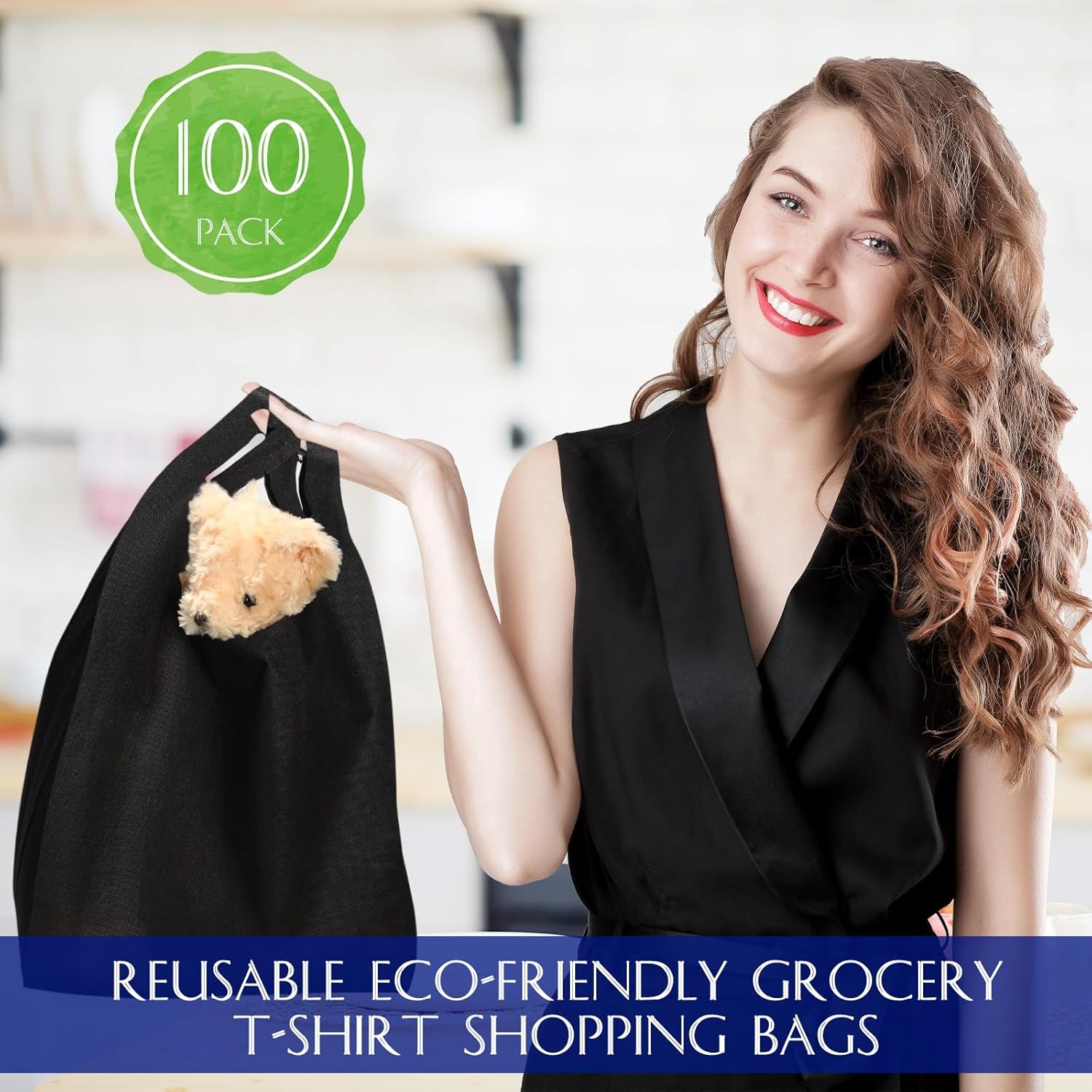 Windyun Large Grocery T-shirt Bags Bulk Reusable Non Woven Shopping Bag Foldable Gift Tote with Handle, 21x11x6 Inch - Image 3