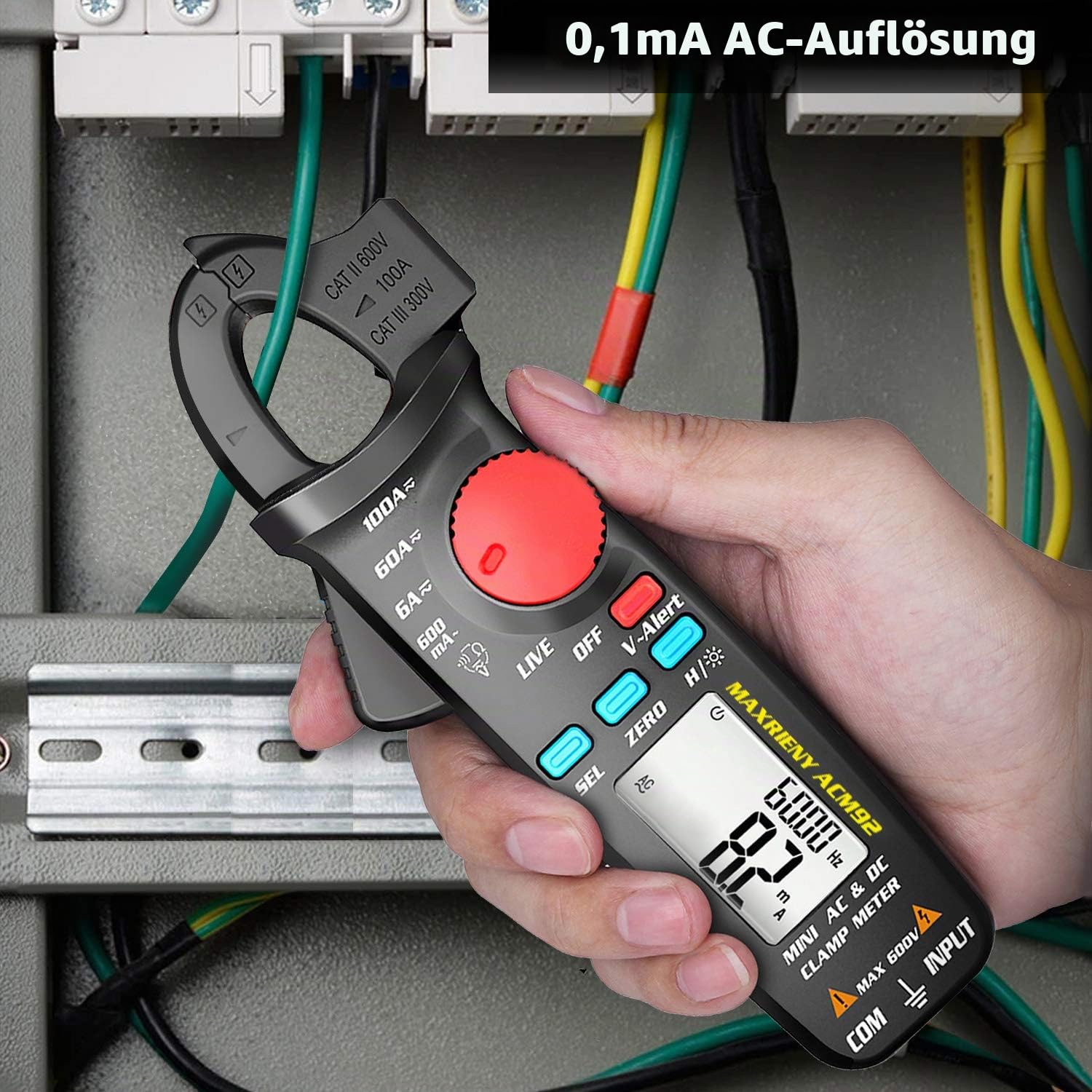 DC AC Zangenmessgerät, 6000 Counts True RMS Digital Multimeter Amp Widerstand Frequenz V-Alert Kontinuität Spannungsprüfer
