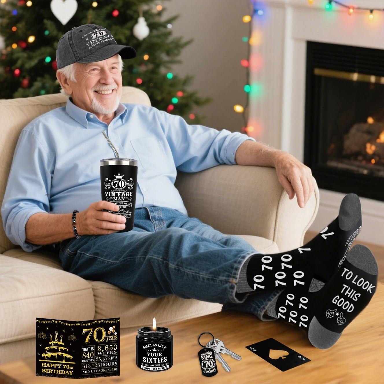 70th Birthday Gifts for Men - Unique Birthday Box with 20 Oz Tumbler, Baseball Cap, Socks, Bracelets, Scented Candle, Happy 70th Birthday Decorations for Husband, Dad, Grandpa, Friends, Boss - Image 3