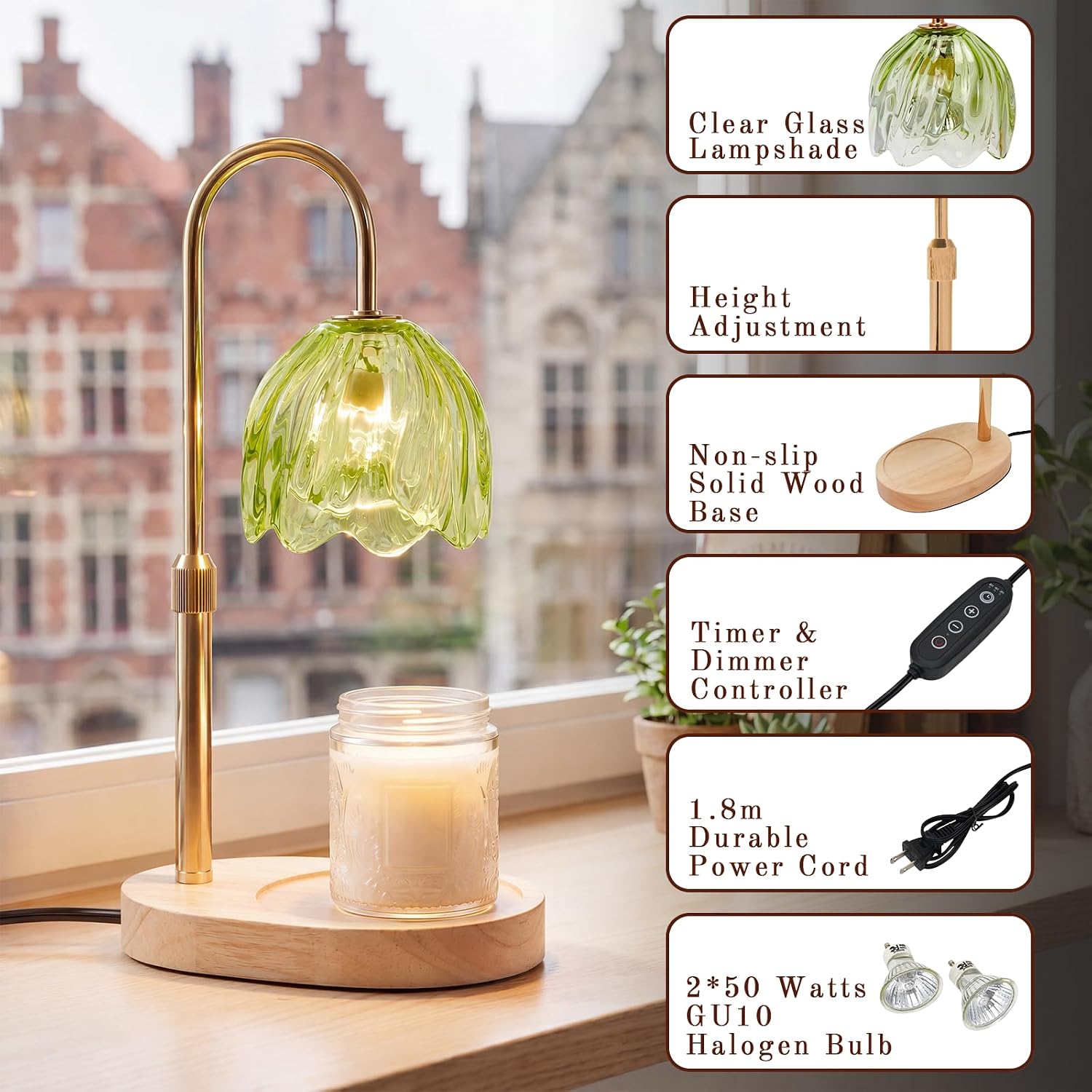 Candle Warmer Lamp with Timer Dimmer Adjustable Height Modern Green Candle Warmer for jar Candles Electric Wax Warmer Christmas Birthday Gifts for Women Home Decor House Warming Gifts for New Home