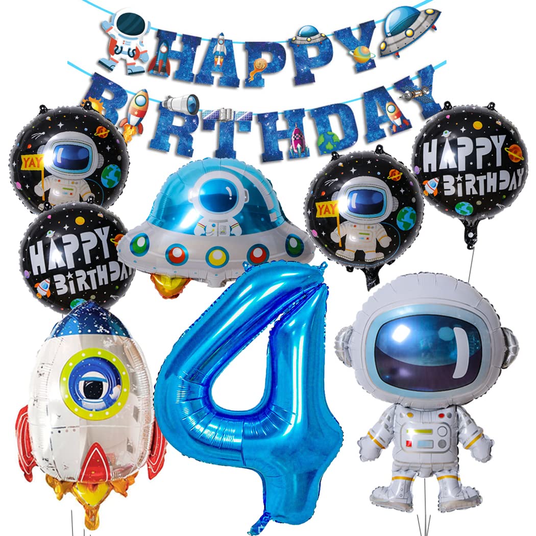 Solar System Planet Astronaut Balloons Rocket Foil Balloons Big Mylar Number Helium Global Happy Birthday Garland Banner for Boy Kids Space Themed 4th Year Birthday Party Decorations