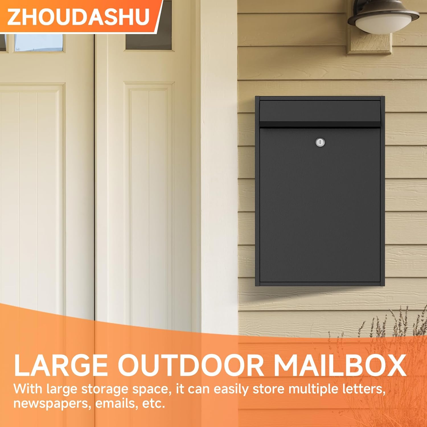 Wall Mounted Locking Mailbox with Key Lock for Outside, Large Capacity Lockable Drop Box, Auto-Shutdown Tamper Resistant Mailbox for Letters, Newspapers, Cards, 16''x11''x4.6''-Black