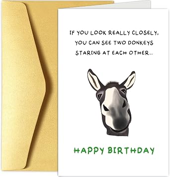 Funny Donkey Birthday Card Gift for Him Her, Quirky Birthday Card Gift for Friend Brother Sister, Humorous Birthday Greeting Cards Gifts for Men Women, Two Donkeys Staring at Each Other