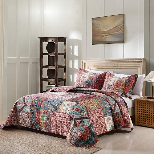 Vista 20 de Autumn Dream Juego de colcha de algodón reversible, juego de ropa de cama reversible, colcha de retazos florales vintage rojo y azul, tamaño King